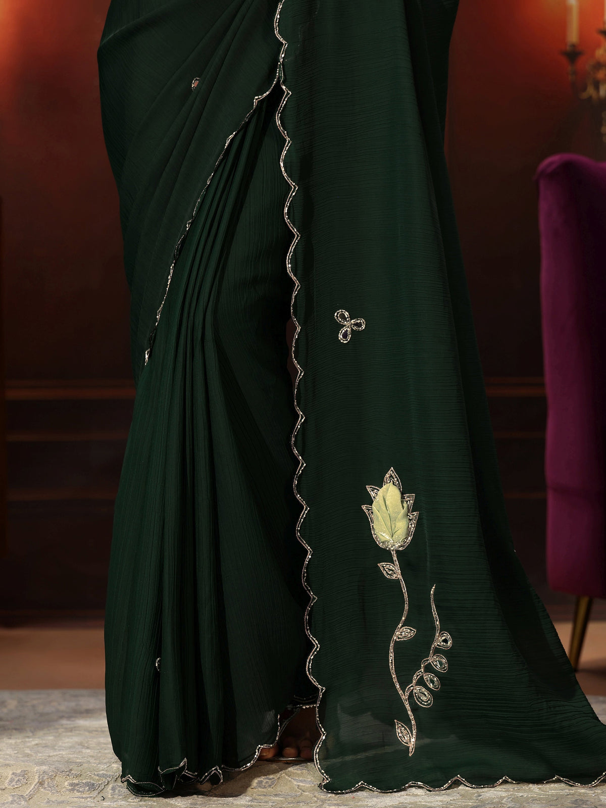 Anouk Jungle Green Chiffon Saree with Floral Applique Design Pallu