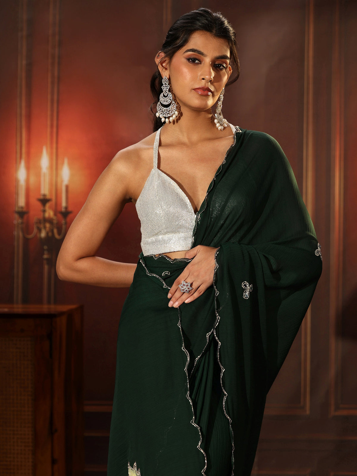 Anouk Jungle Green Chiffon Saree with Floral Applique Design Pallu