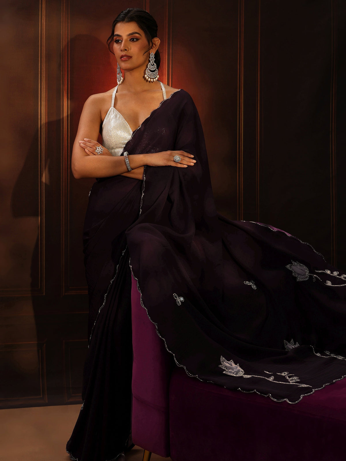 Anouk Burgundy Chiffon Saree with Floral Applique Design Pallu