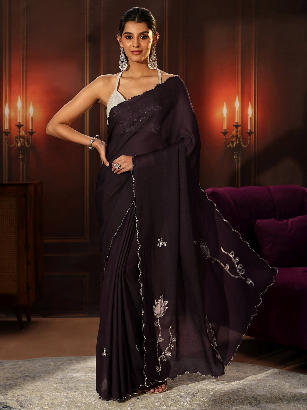 Anouk Burgundy Chiffon Saree with Floral Applique Design Pallu