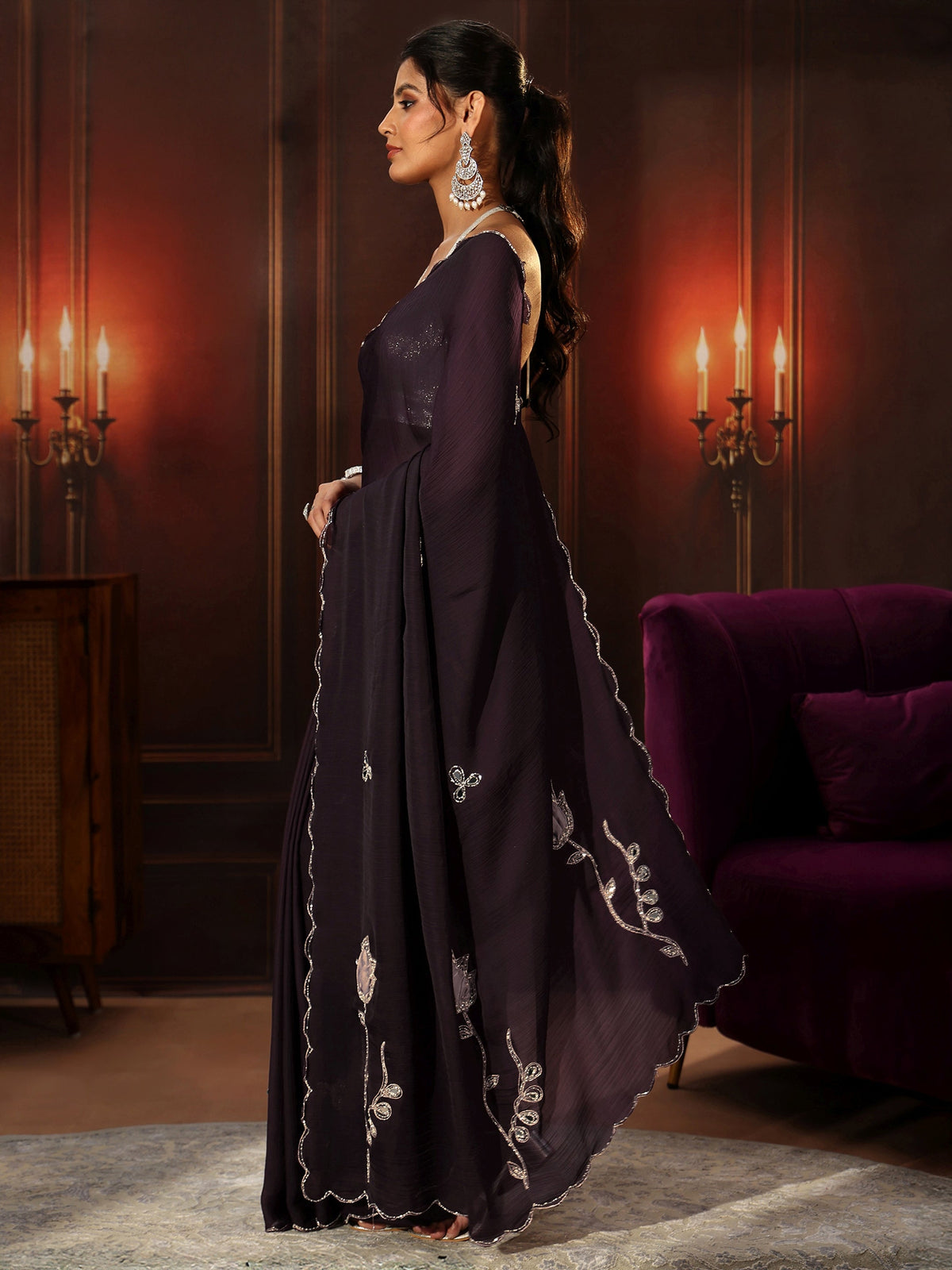 Anouk Burgundy Chiffon Saree with Floral Applique Design Pallu
