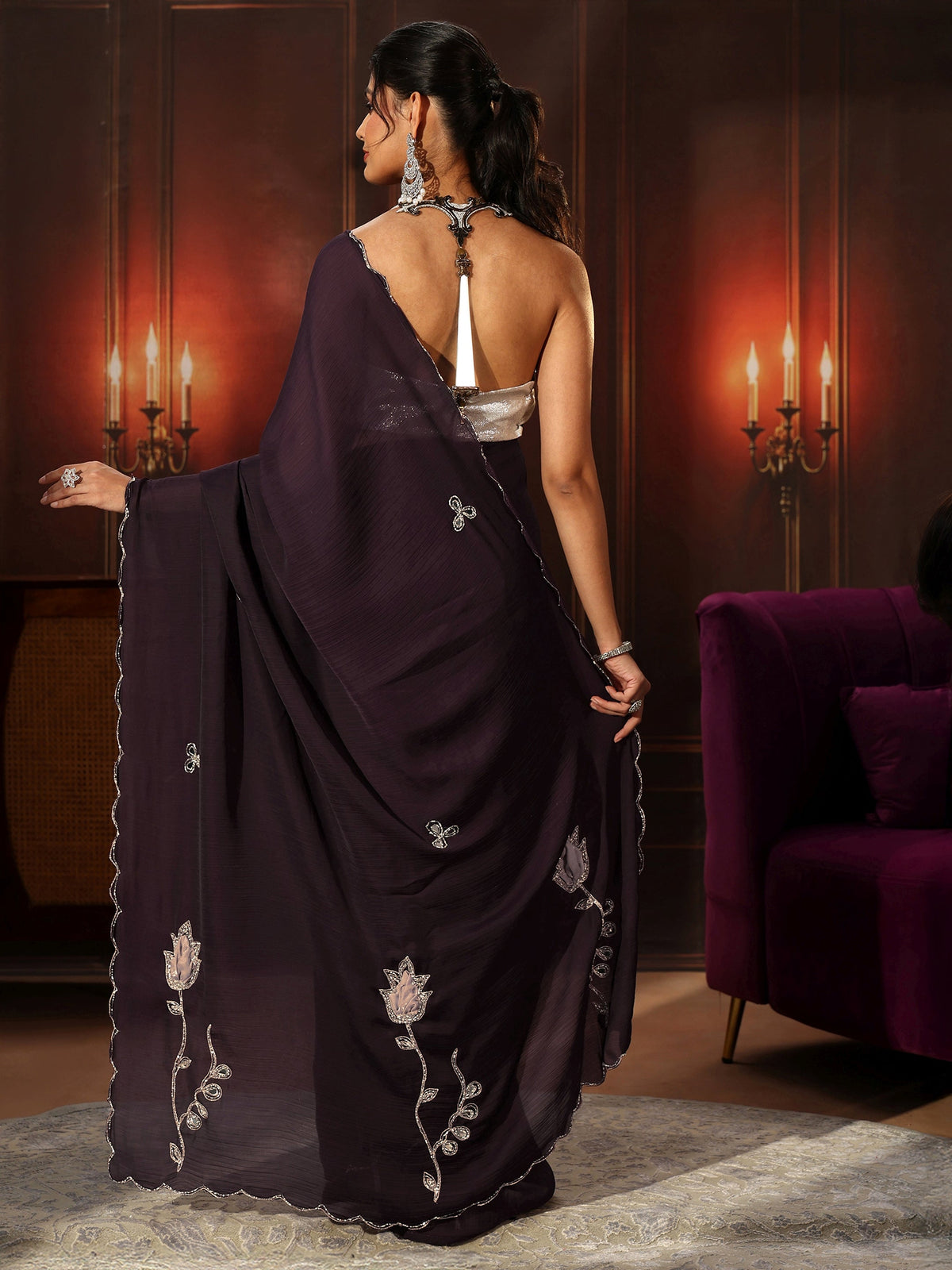 Anouk Burgundy Chiffon Saree with Floral Applique Design Pallu