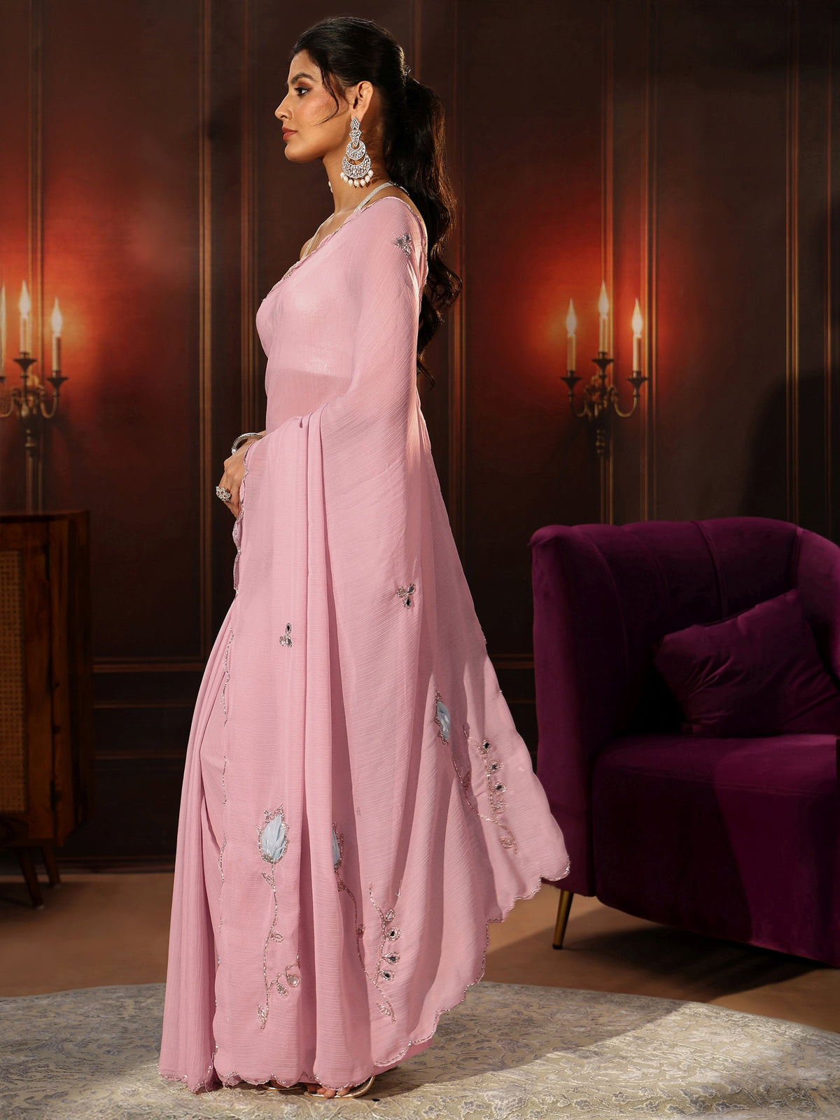 Anouk Powder Pink Chiffon Saree with Floral Applique Design Pallu