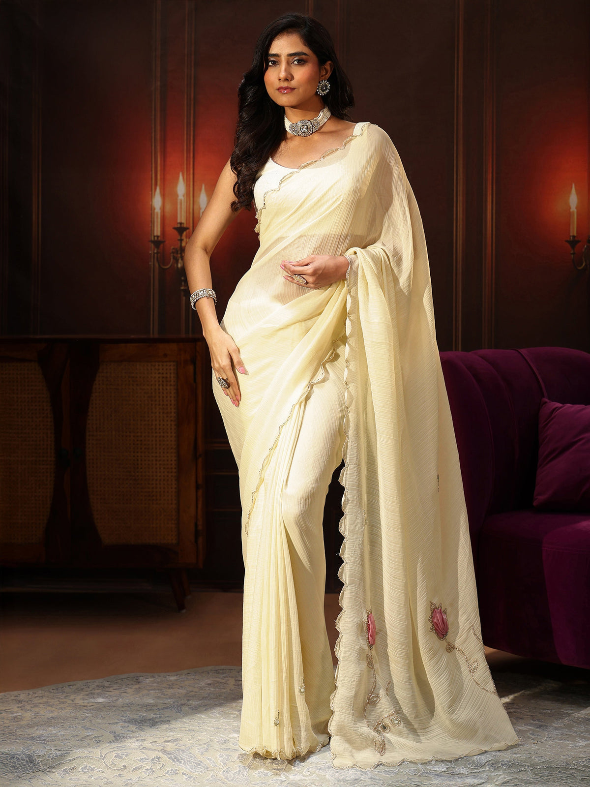 Anouk Cream Chiffon Saree with Floral Applique Design Pallu