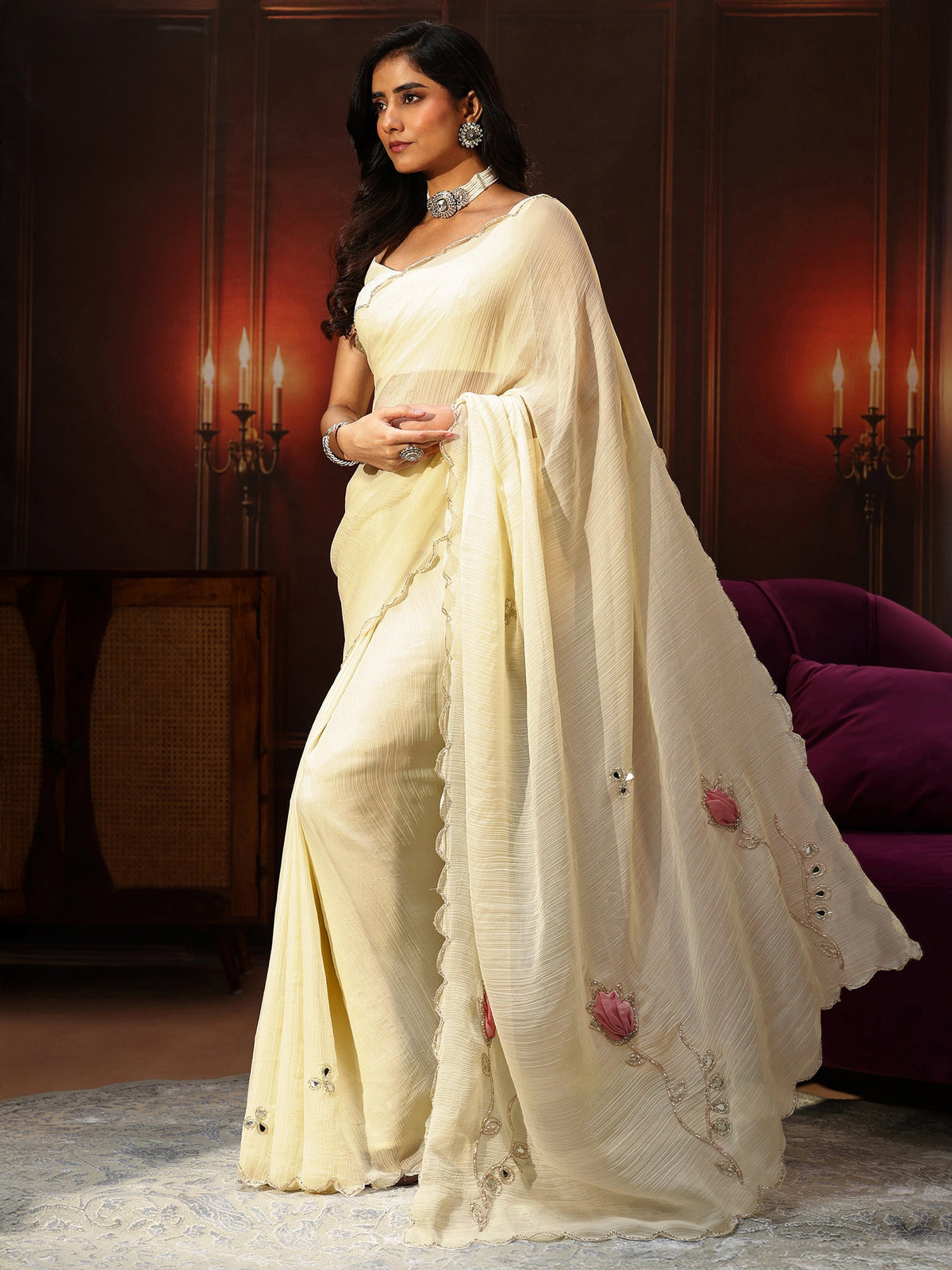 Anouk Cream Chiffon Saree with Floral Applique Design Pallu