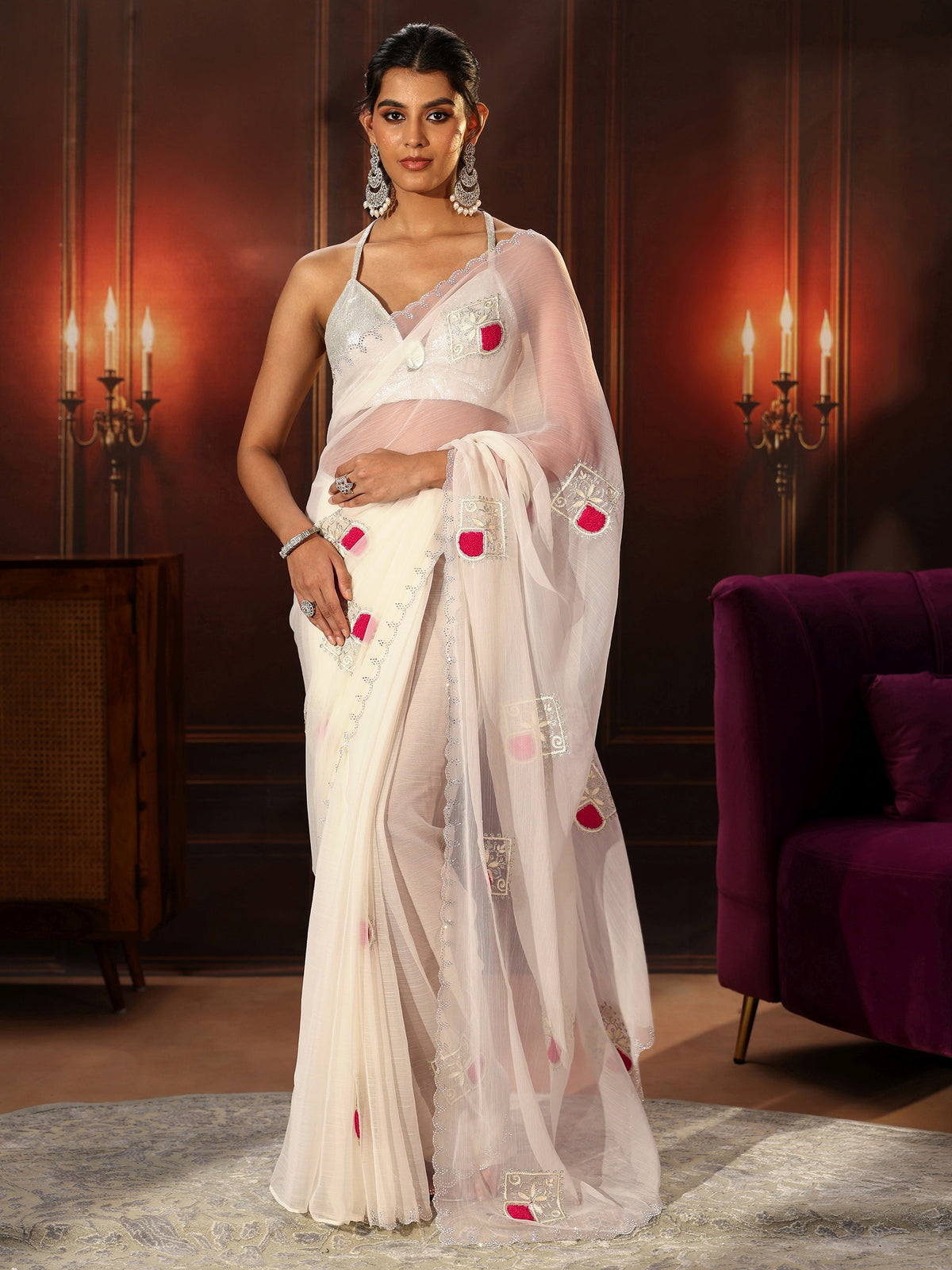 Anouk Snow White Chiffon Saree with Embroidered  Motifs