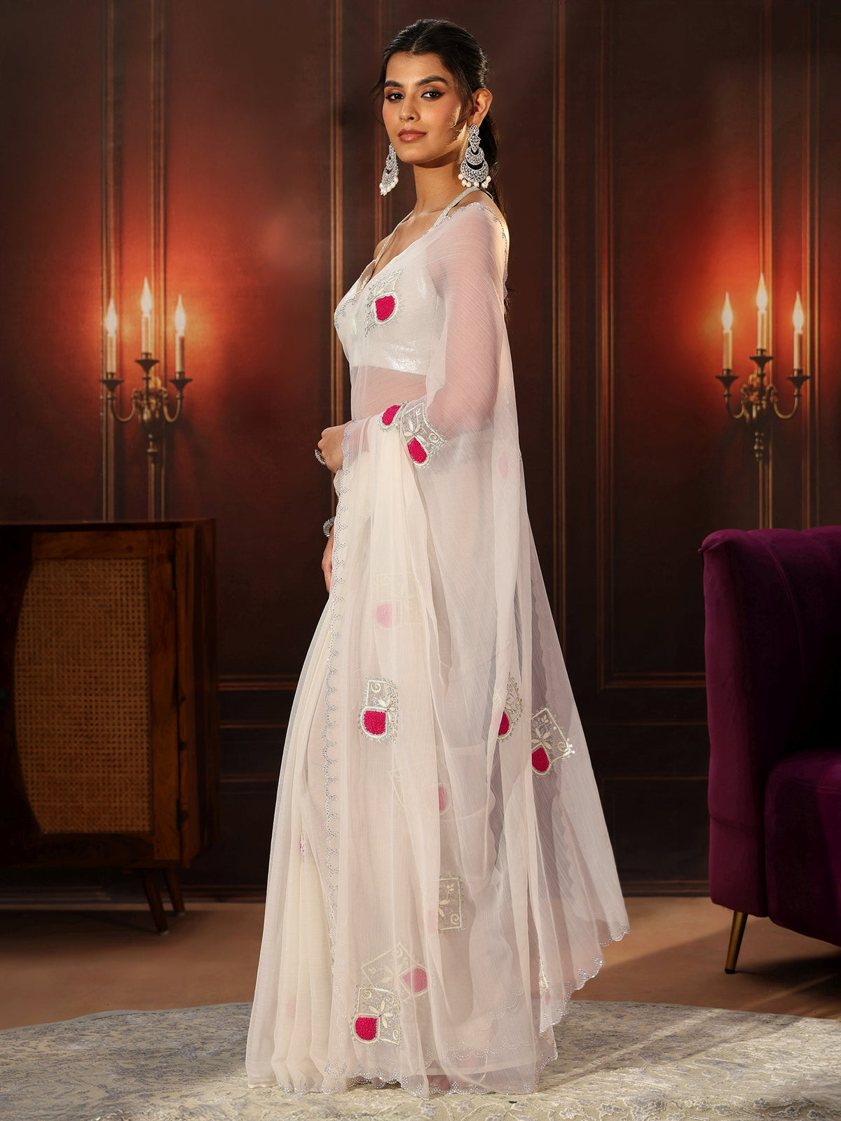 Anouk Snow White Chiffon Saree with Embroidered  Motifs