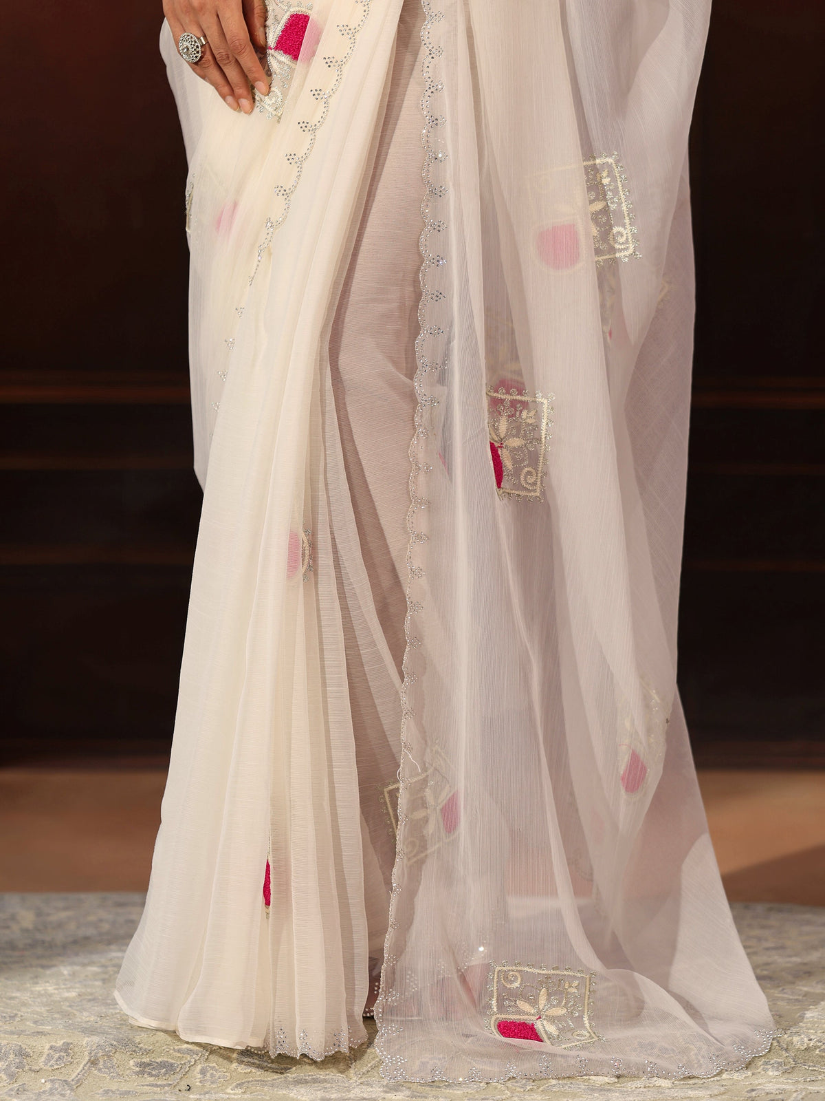 Anouk Snow White Chiffon Saree with Embroidered  Motifs