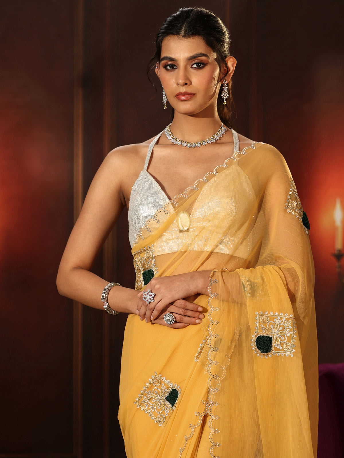 Anouk Saffron Yellow Chiffon Saree with Embroidered  Motifs