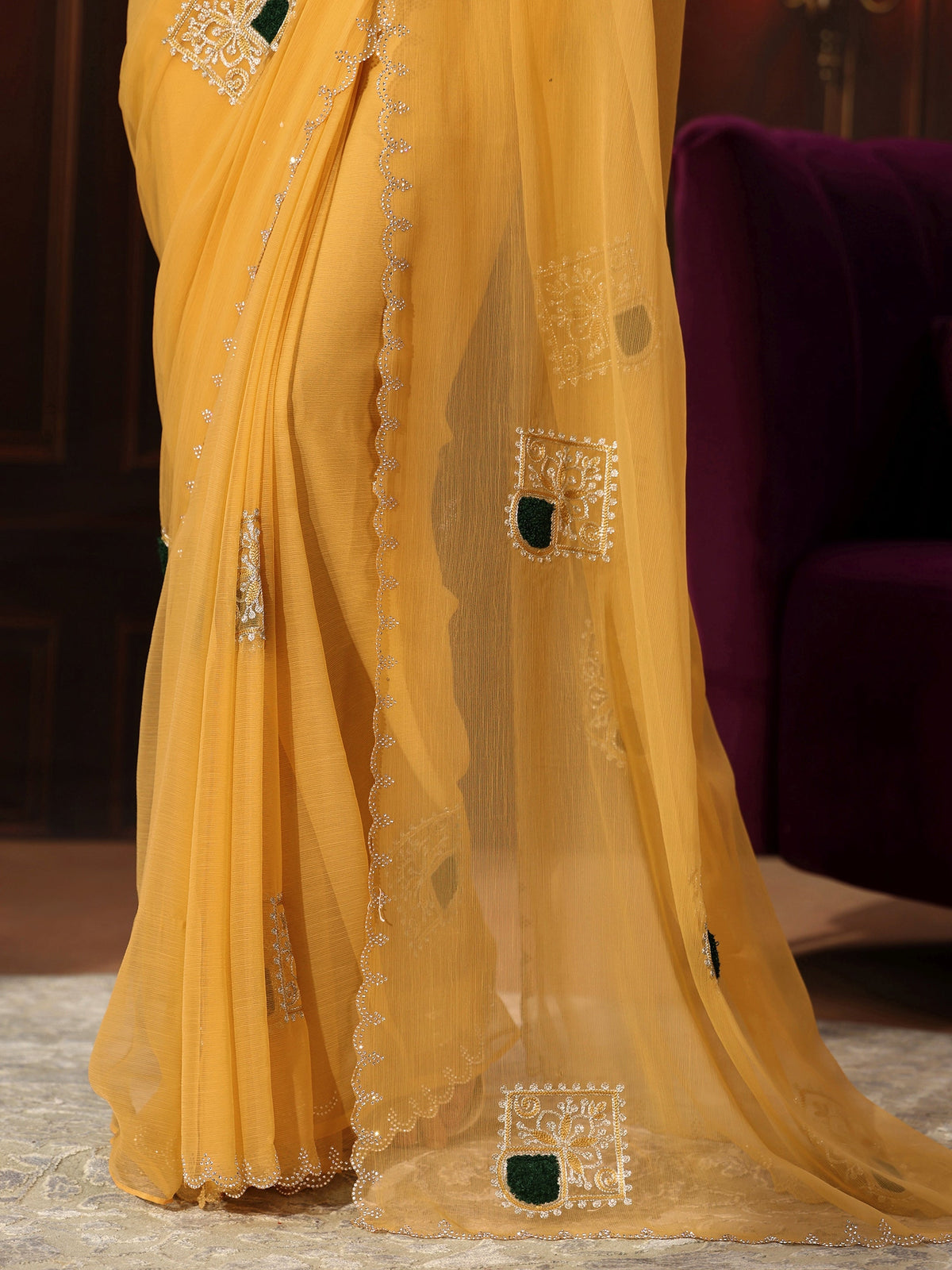 Anouk Saffron Yellow Chiffon Saree with Embroidered  Motifs