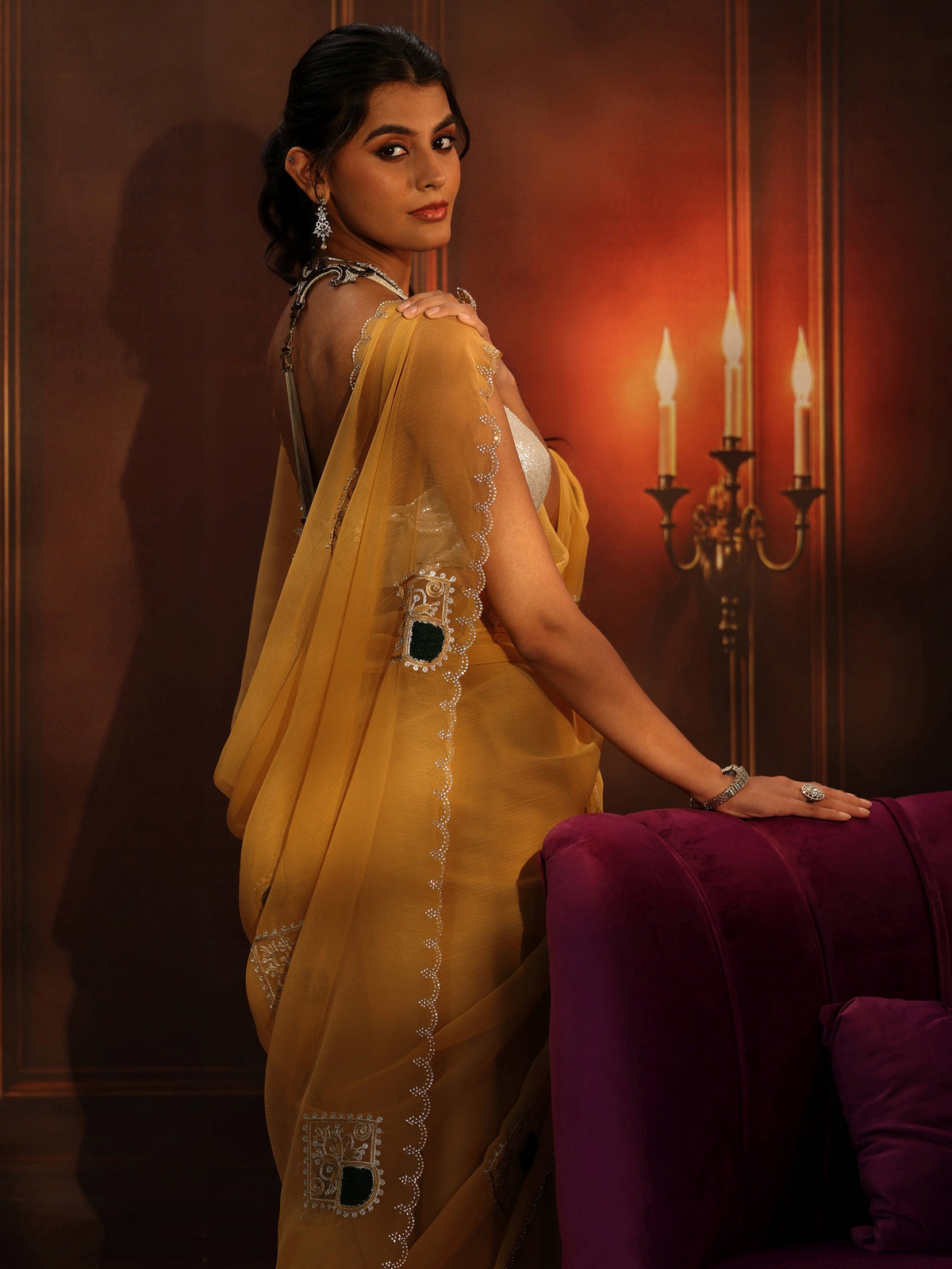 Anouk Saffron Yellow Chiffon Saree with Embroidered  Motifs