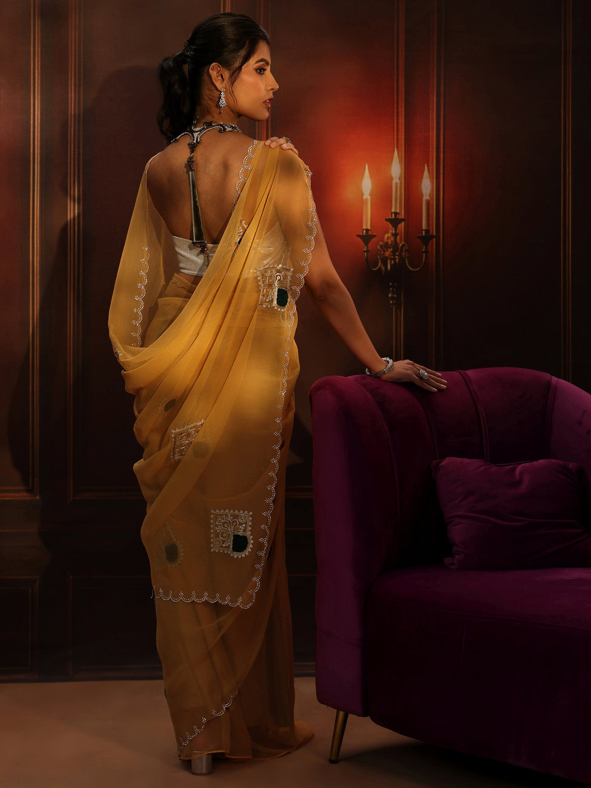Anouk Saffron Yellow Chiffon Saree with Embroidered  Motifs