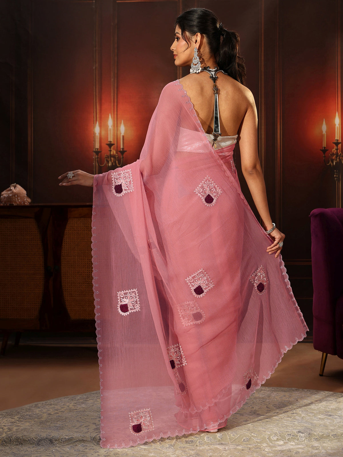 Anouk Peach Pink Chiffon Saree with Embroidered  Motifs
