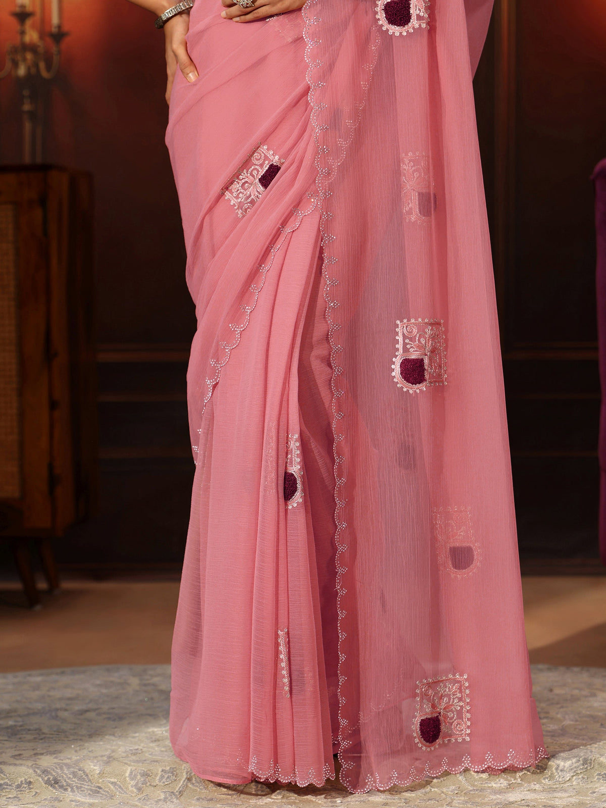 Anouk Peach Pink Chiffon Saree with Embroidered  Motifs