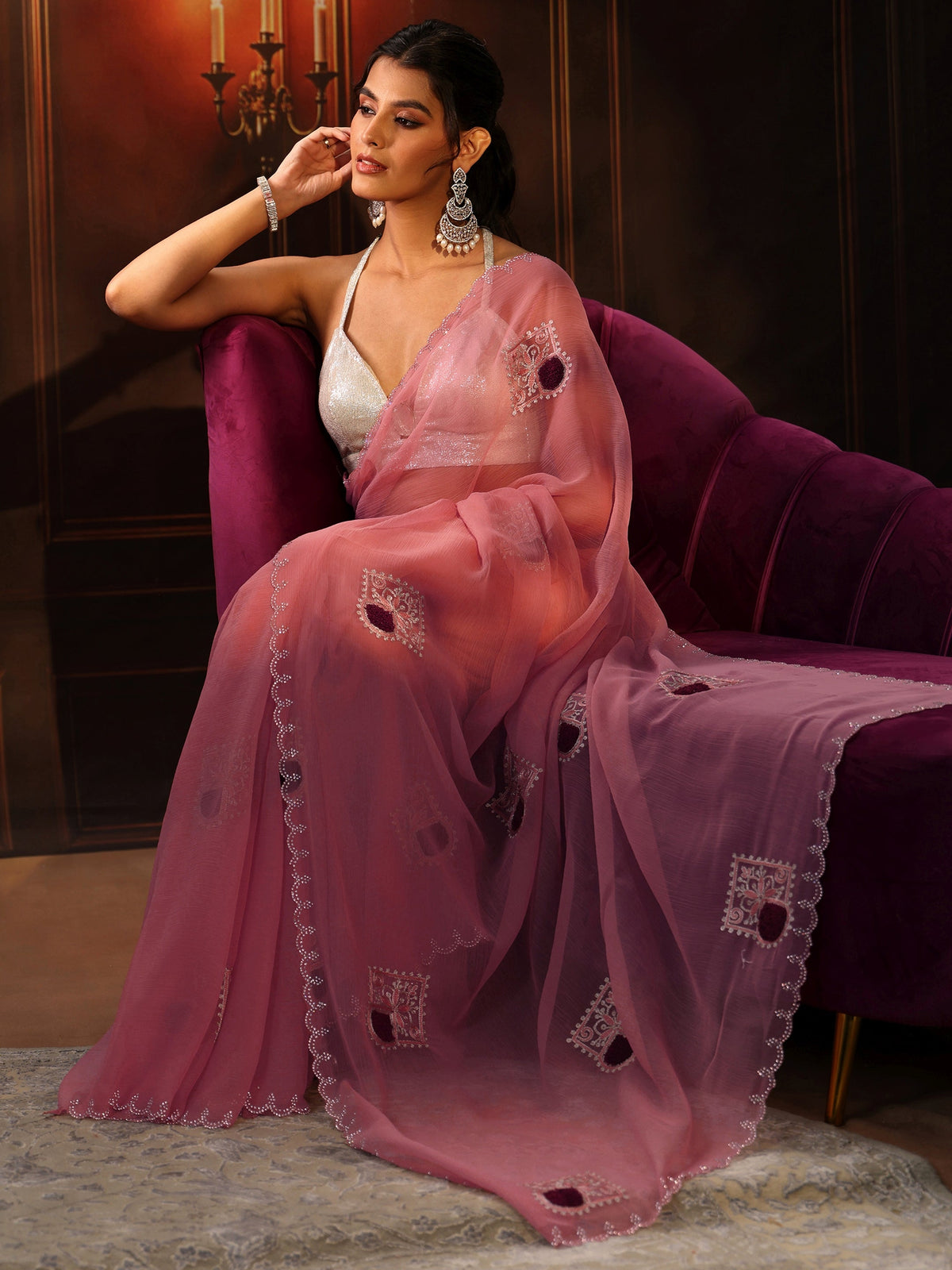 Anouk Peach Pink Chiffon Saree with Embroidered  Motifs