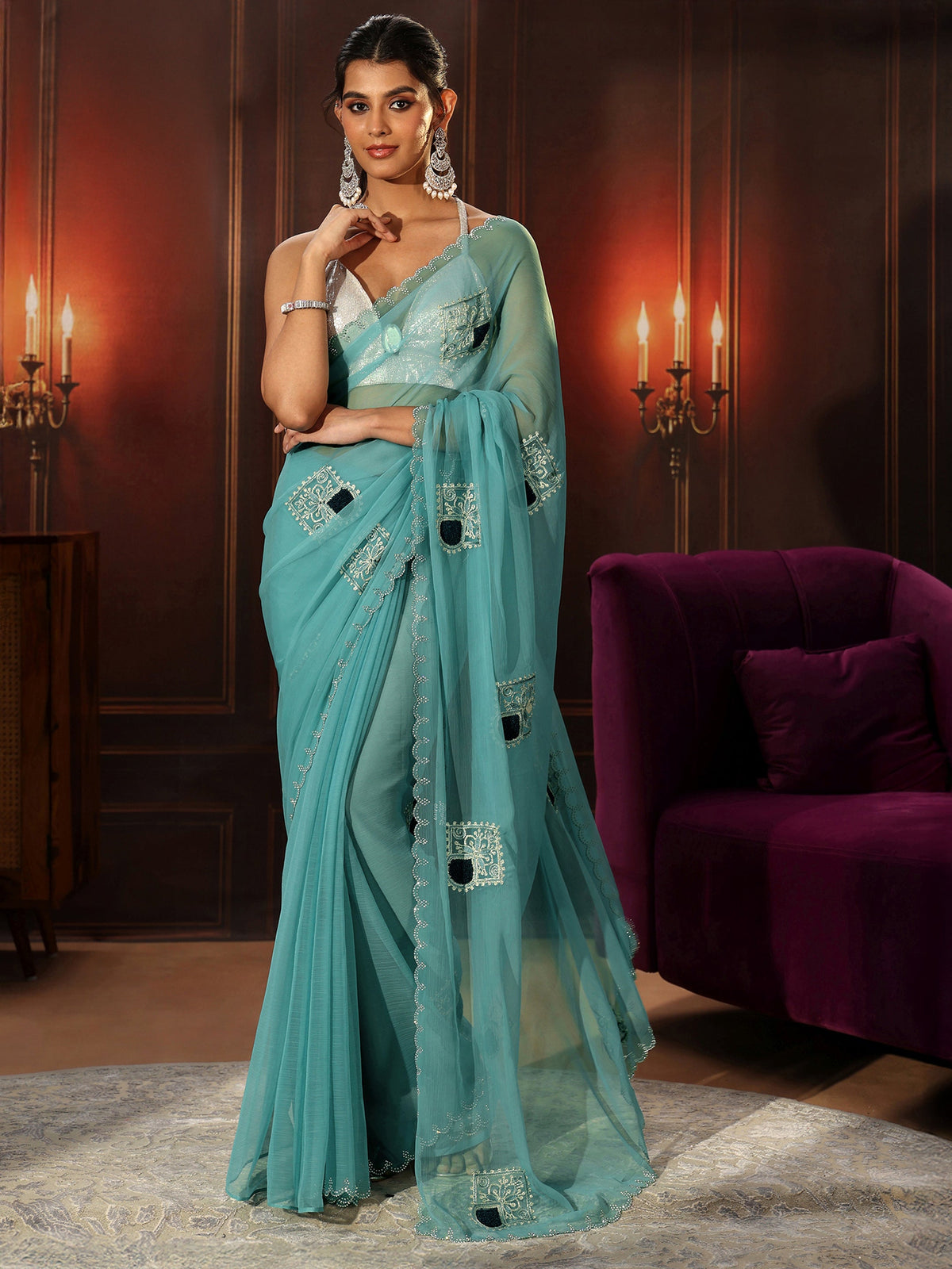 Anouk Sky Blue Chiffon Saree with Embroidered  Motifs