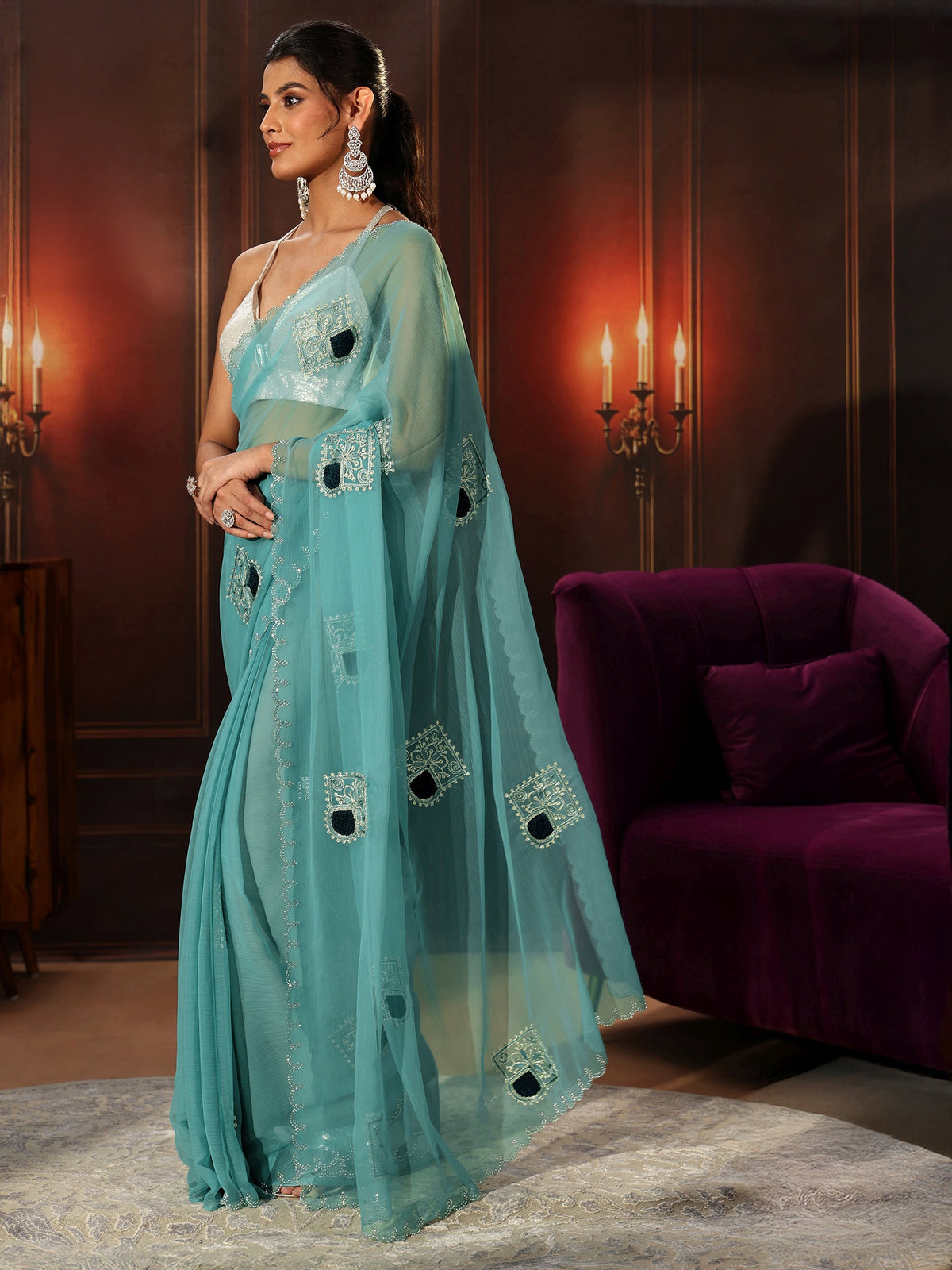 Anouk Sky Blue Chiffon Saree with Embroidered  Motifs