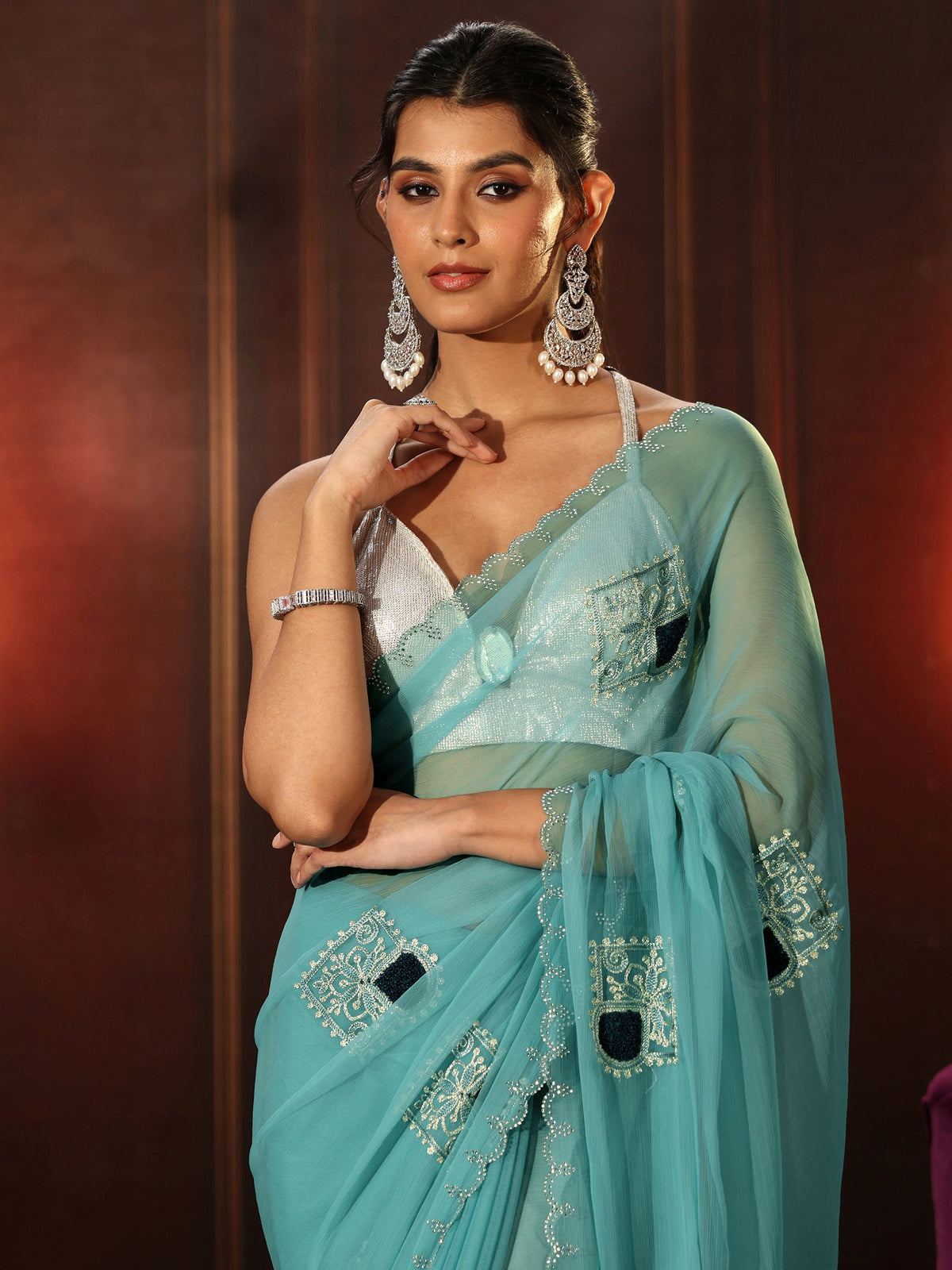 Anouk Sky Blue Chiffon Saree with Embroidered  Motifs