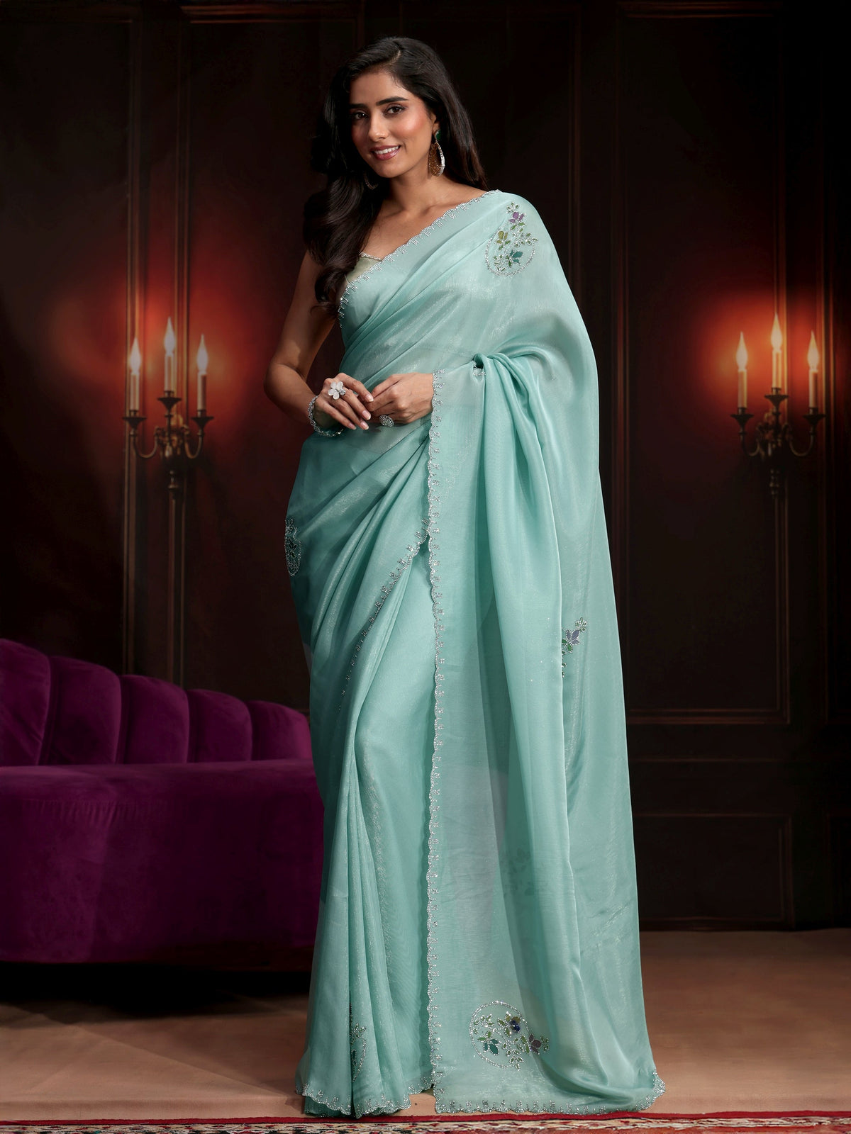 Anouk Sky Blue Floral Embellished Tissue Saree