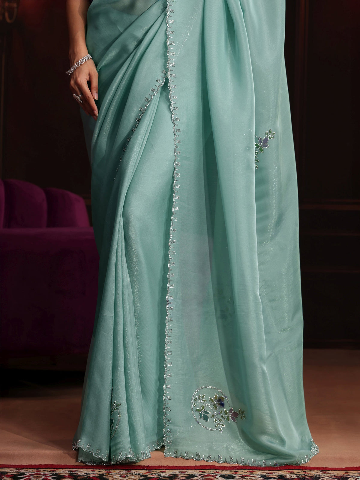 Anouk Sky Blue Floral Embellished Tissue Saree