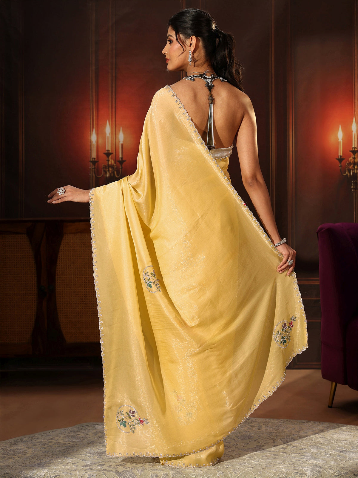 Anouk Daffodil Yellow Tissue Saree with Embellished Border