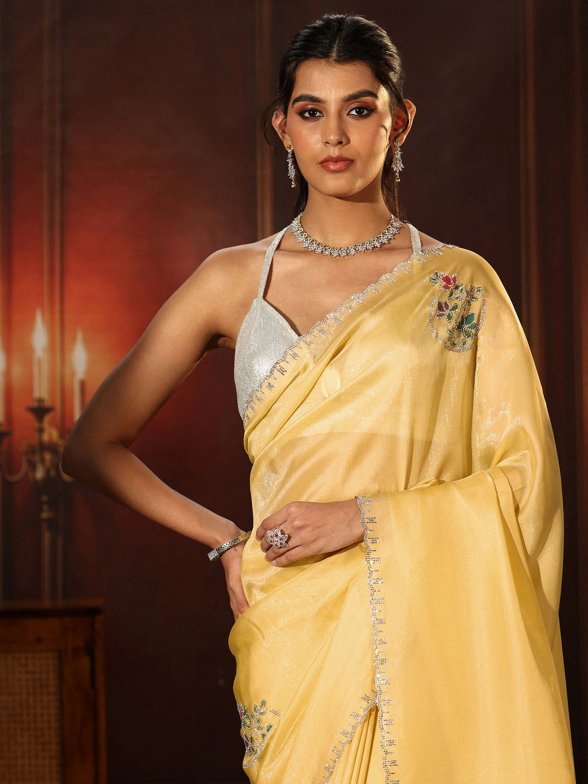Anouk Daffodil Yellow Tissue Saree with Embellished Border