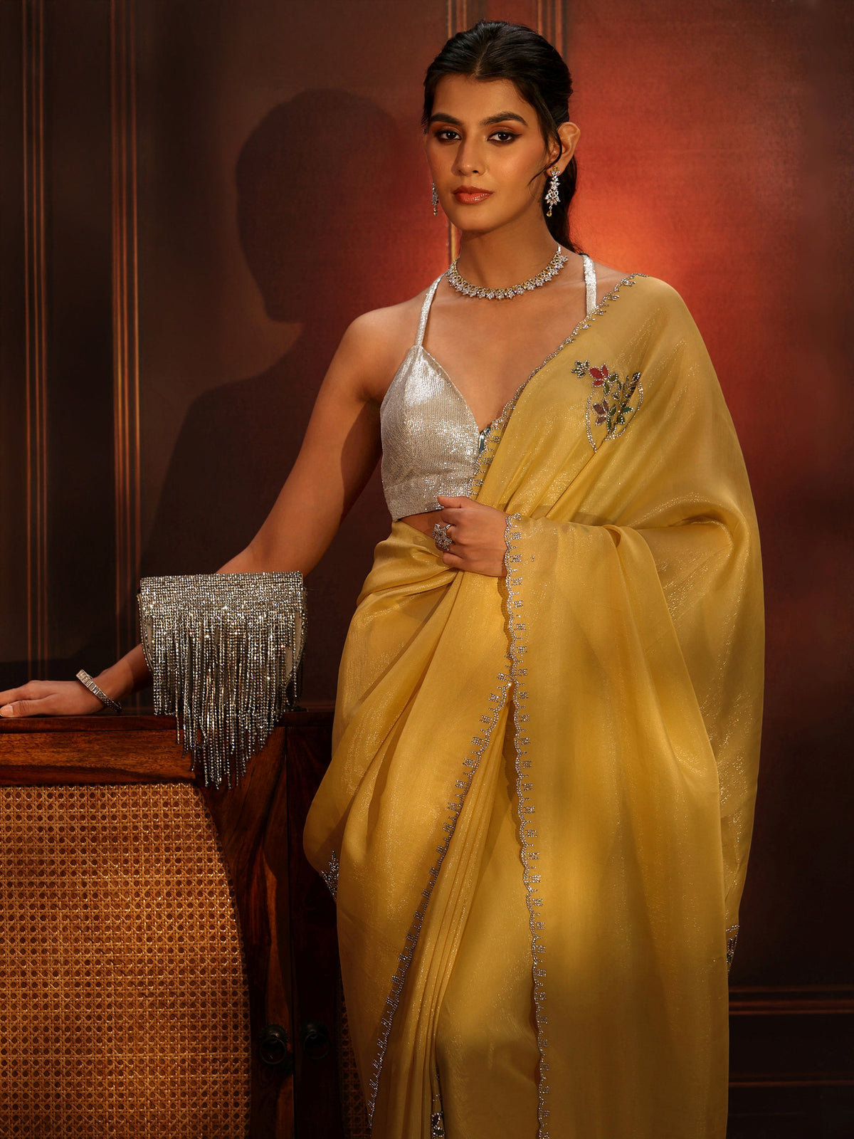 Anouk Daffodil Yellow Tissue Saree with Embellished Border