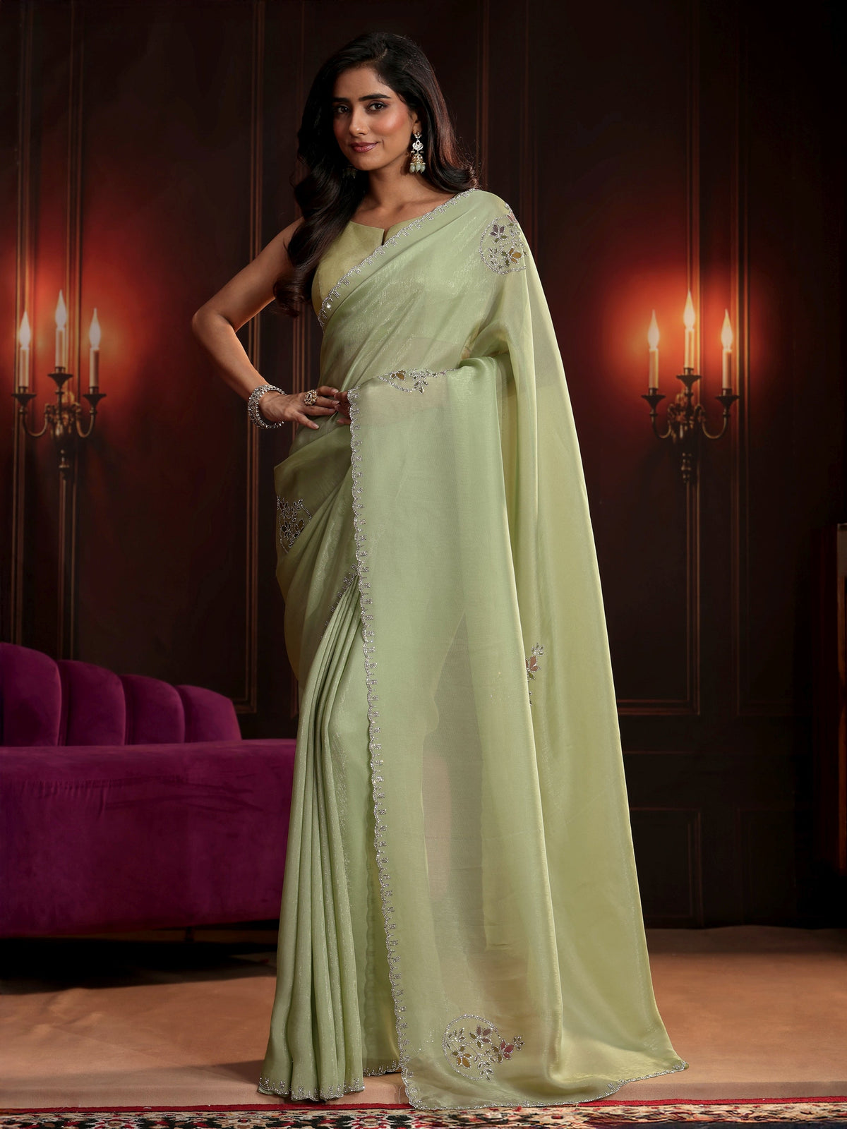 Anouk Pista Green Floral Embellished Tissue Saree