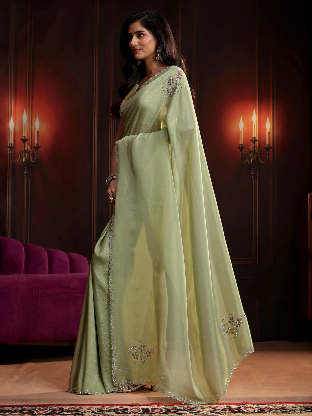 Anouk Pista Green Floral Embellished Tissue Saree