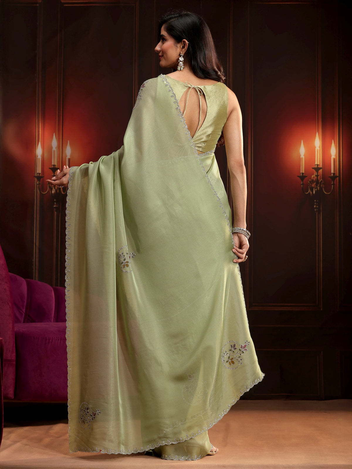 Anouk Pista Green Floral Embellished Tissue Saree