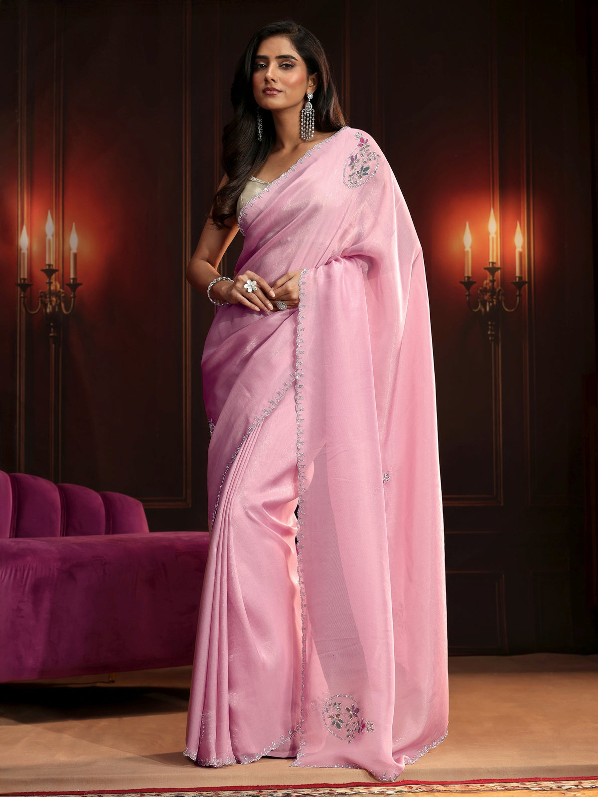 Anouk Baby Pink Floral Embellished Tissue Saree