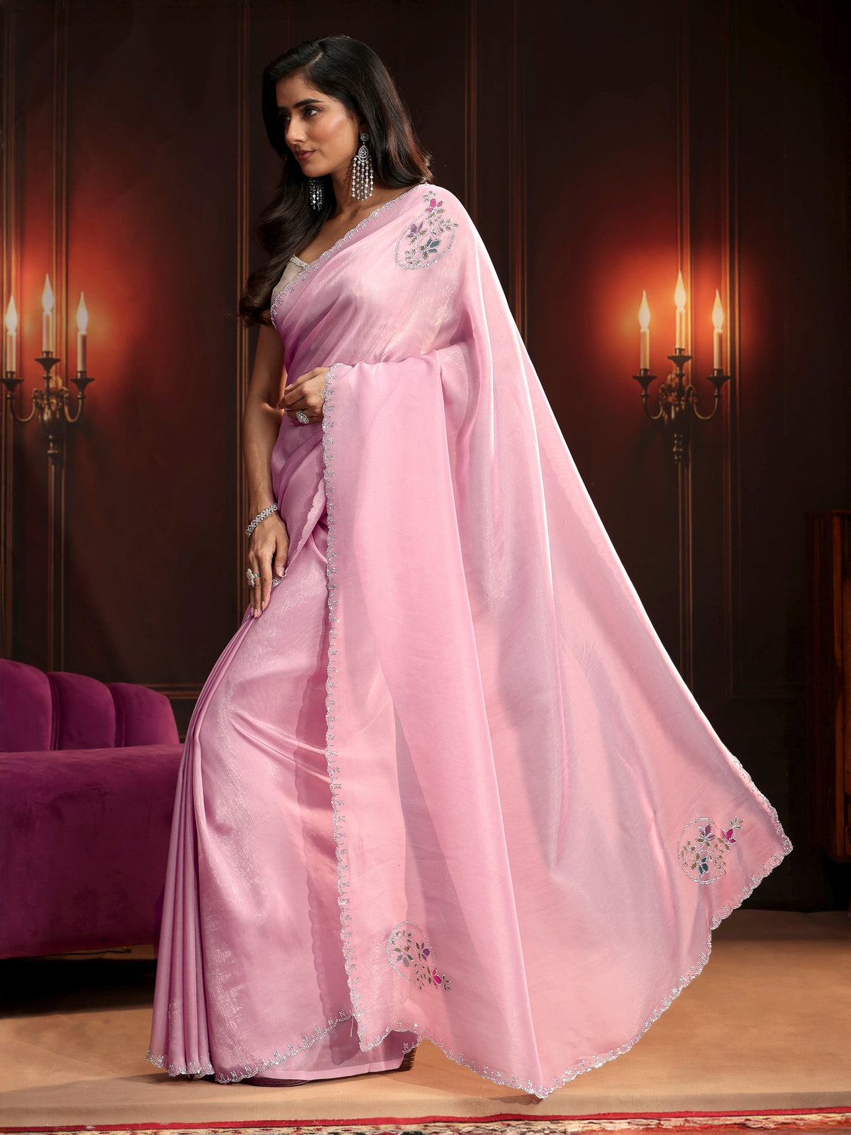 Anouk Baby Pink Floral Embellished Tissue Saree
