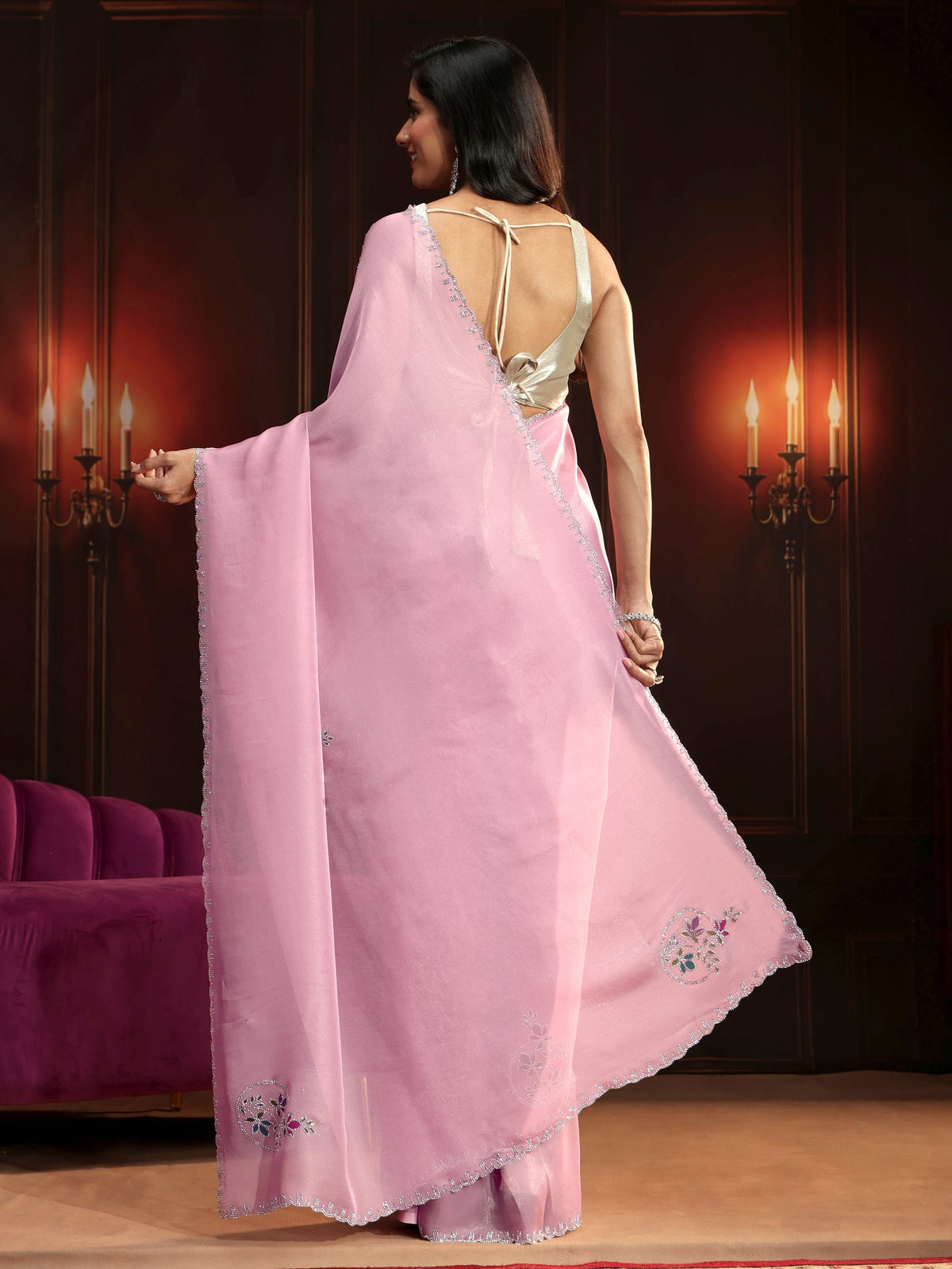 Anouk Baby Pink Floral Embellished Tissue Saree