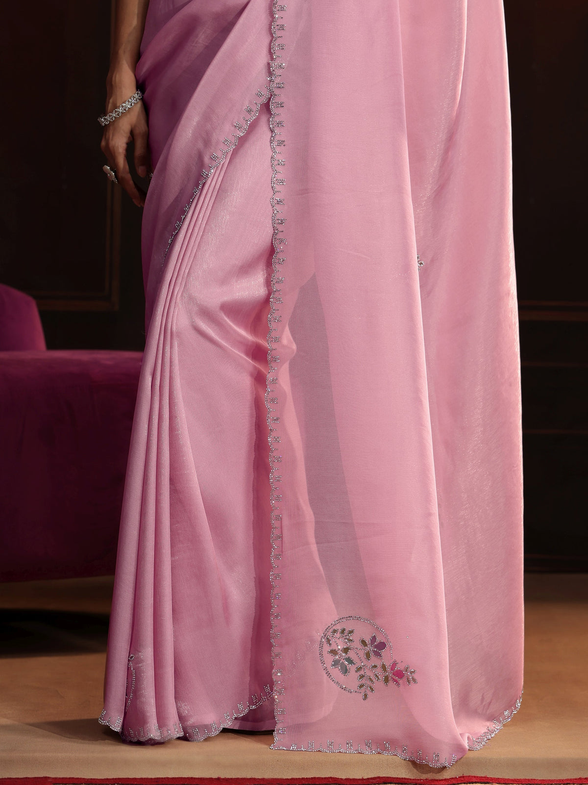 Anouk Baby Pink Floral Embellished Tissue Saree