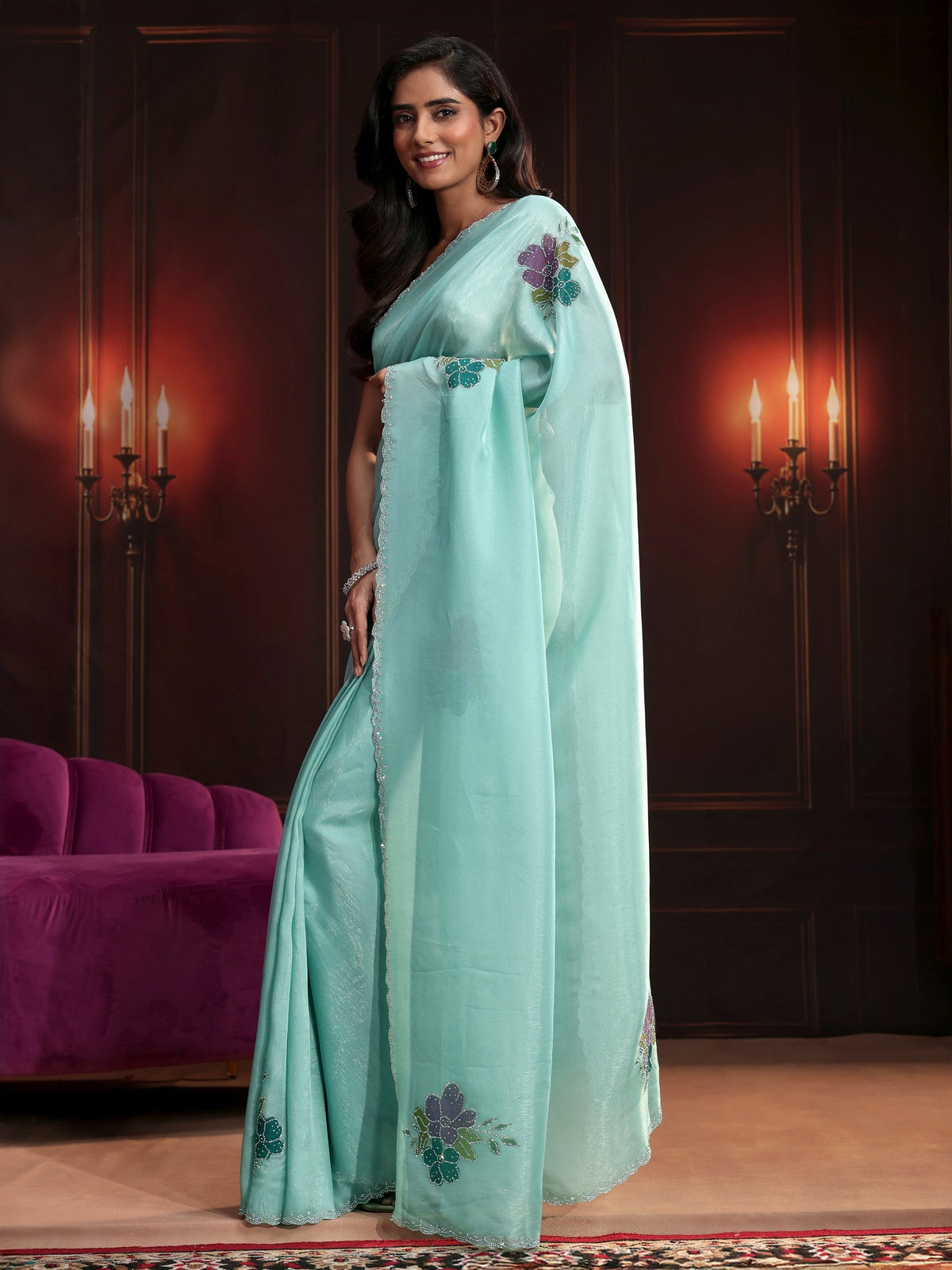 Anouk Powder Blue Floral Embellished Tissue Saree