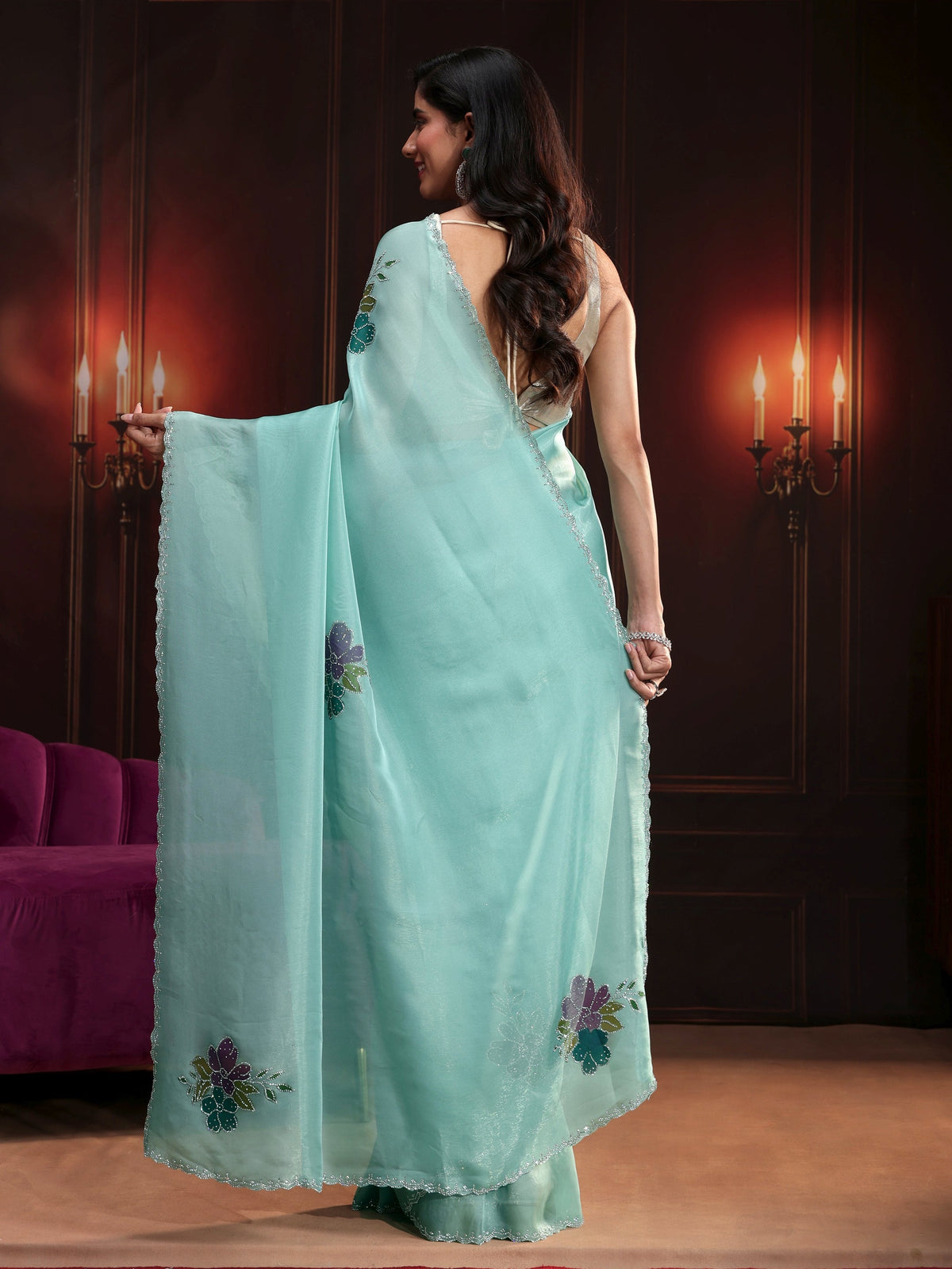 Anouk Powder Blue Floral Embellished Tissue Saree