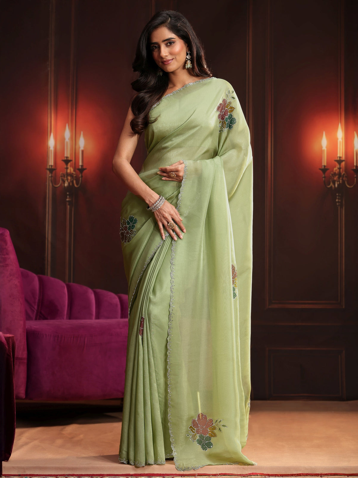 Anouk Pista Green Floral Embellished Tissue Saree