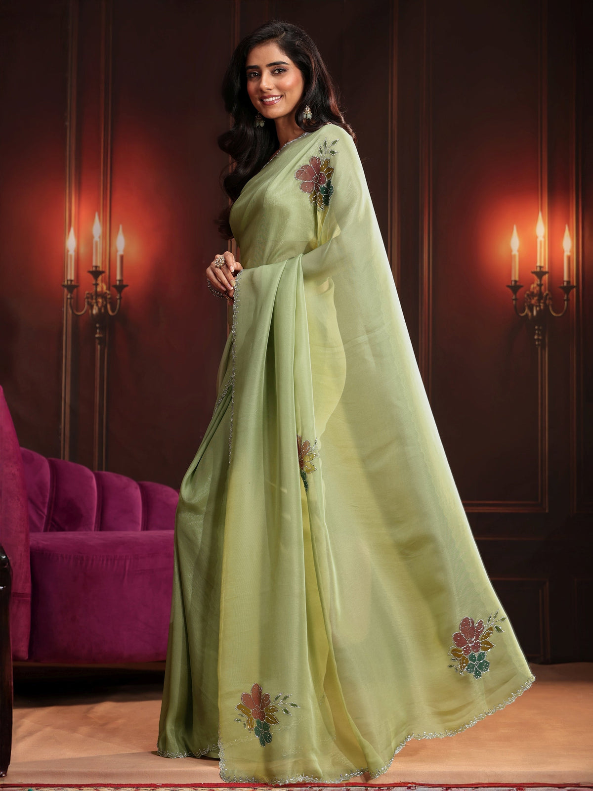 Anouk Pista Green Floral Embellished Tissue Saree