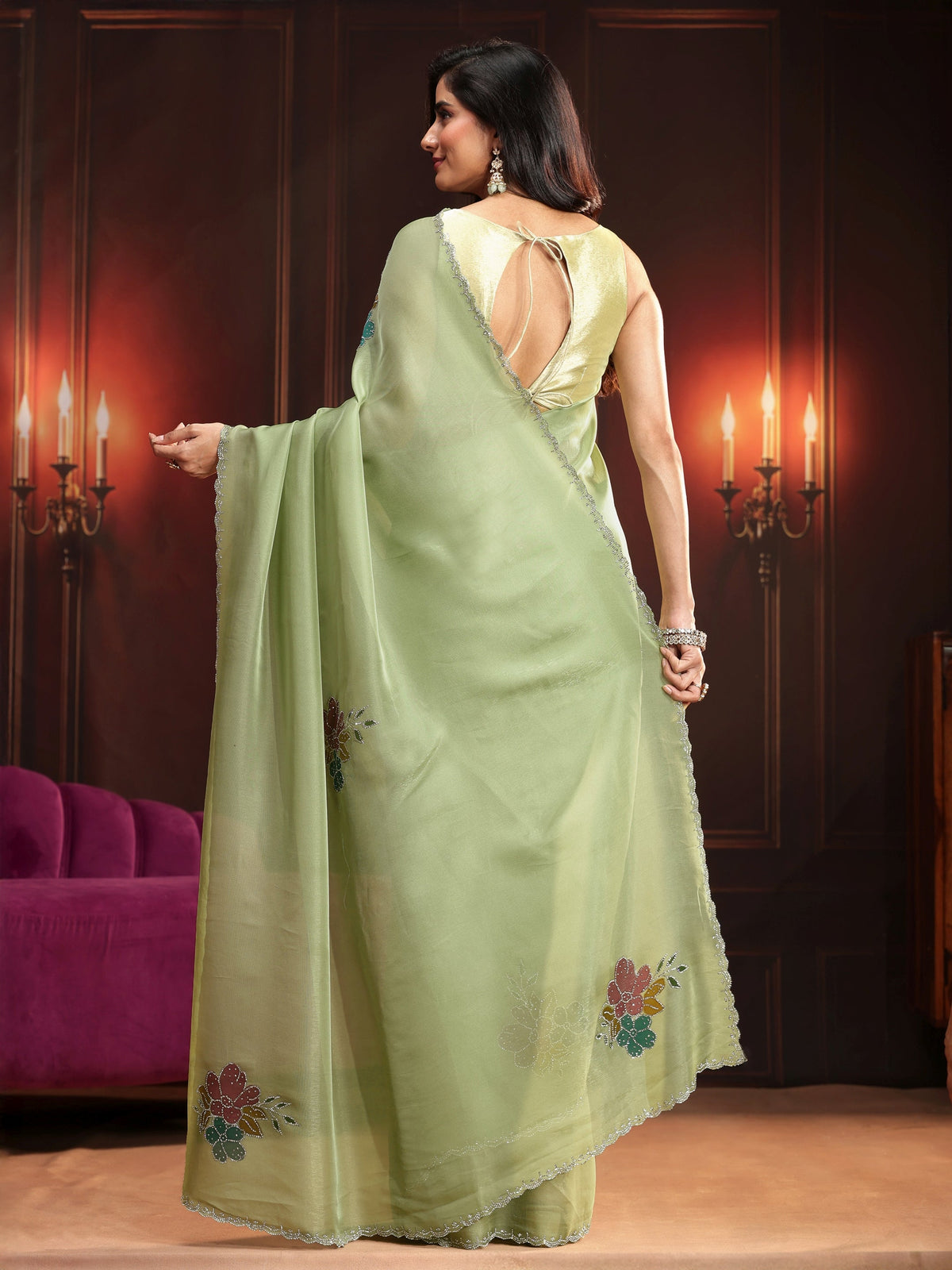 Anouk Pista Green Floral Embellished Tissue Saree