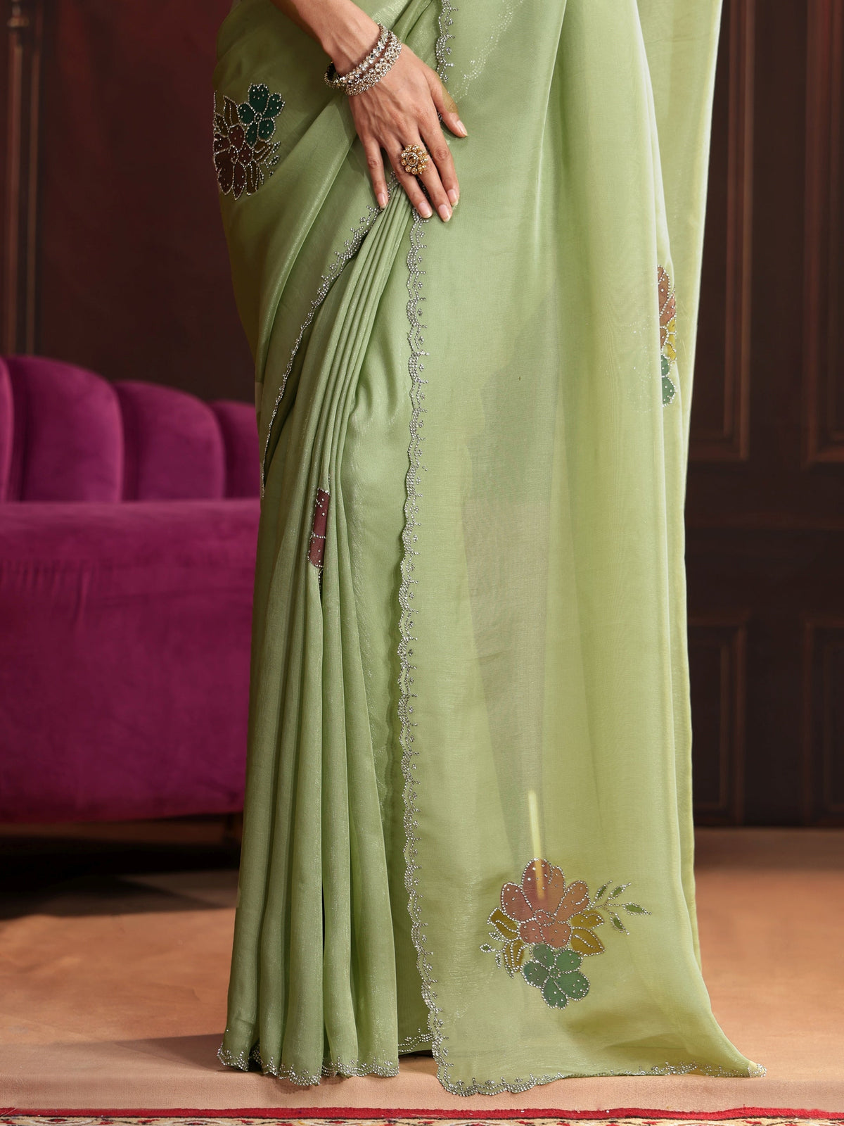 Anouk Pista Green Floral Embellished Tissue Saree