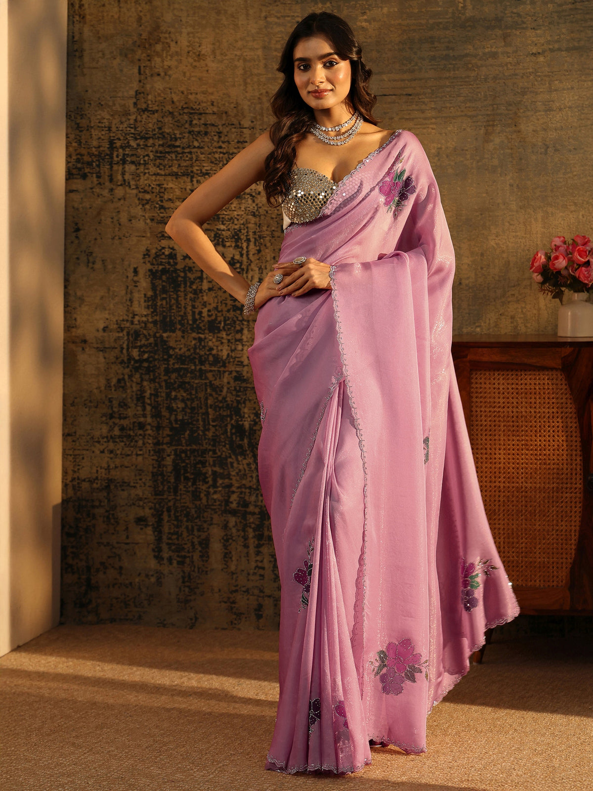 Anouk Powder Blue Tissue Saree with Embellished Floral Motifs