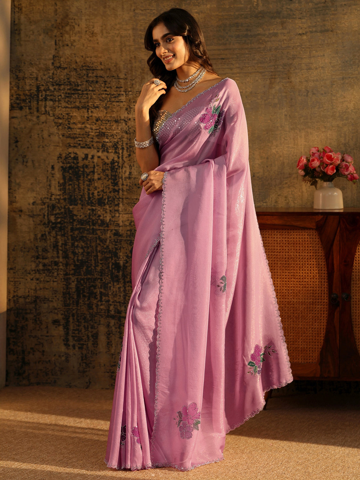 Anouk Powder Blue Tissue Saree with Embellished Floral Motifs