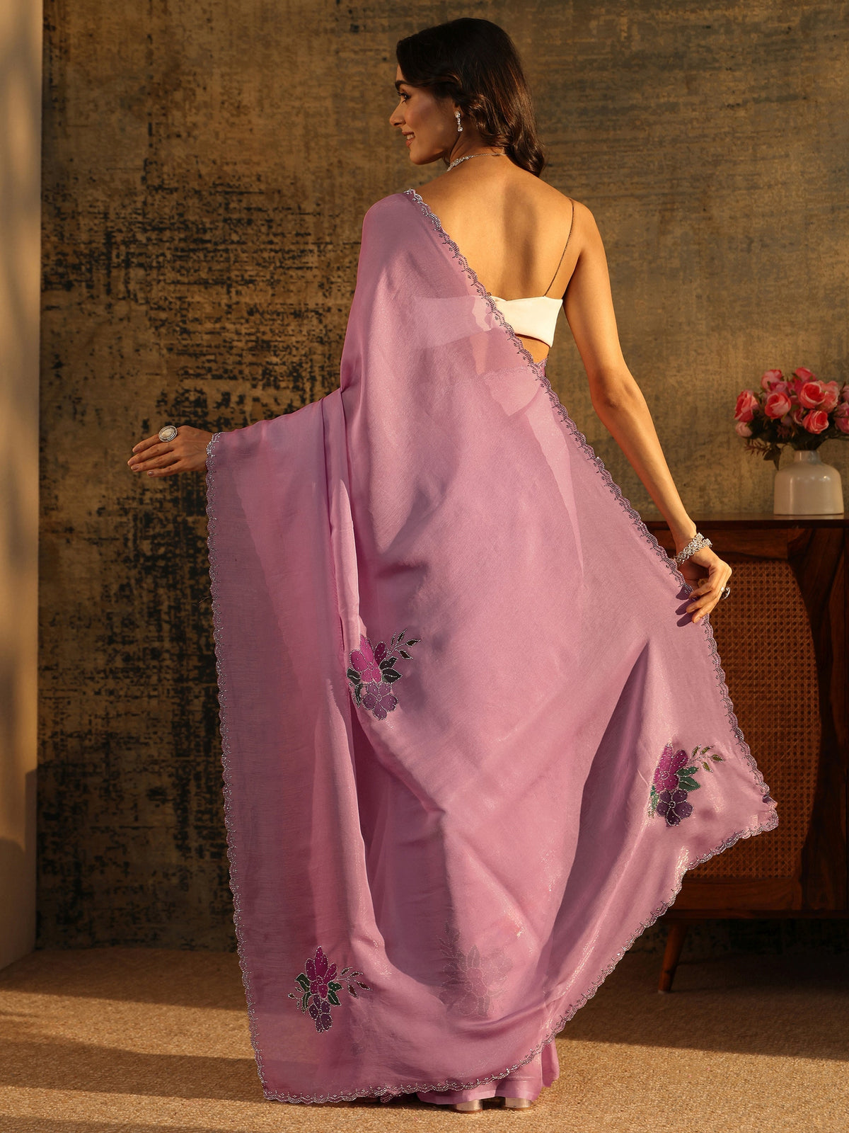Anouk Powder Blue Tissue Saree with Embellished Floral Motifs