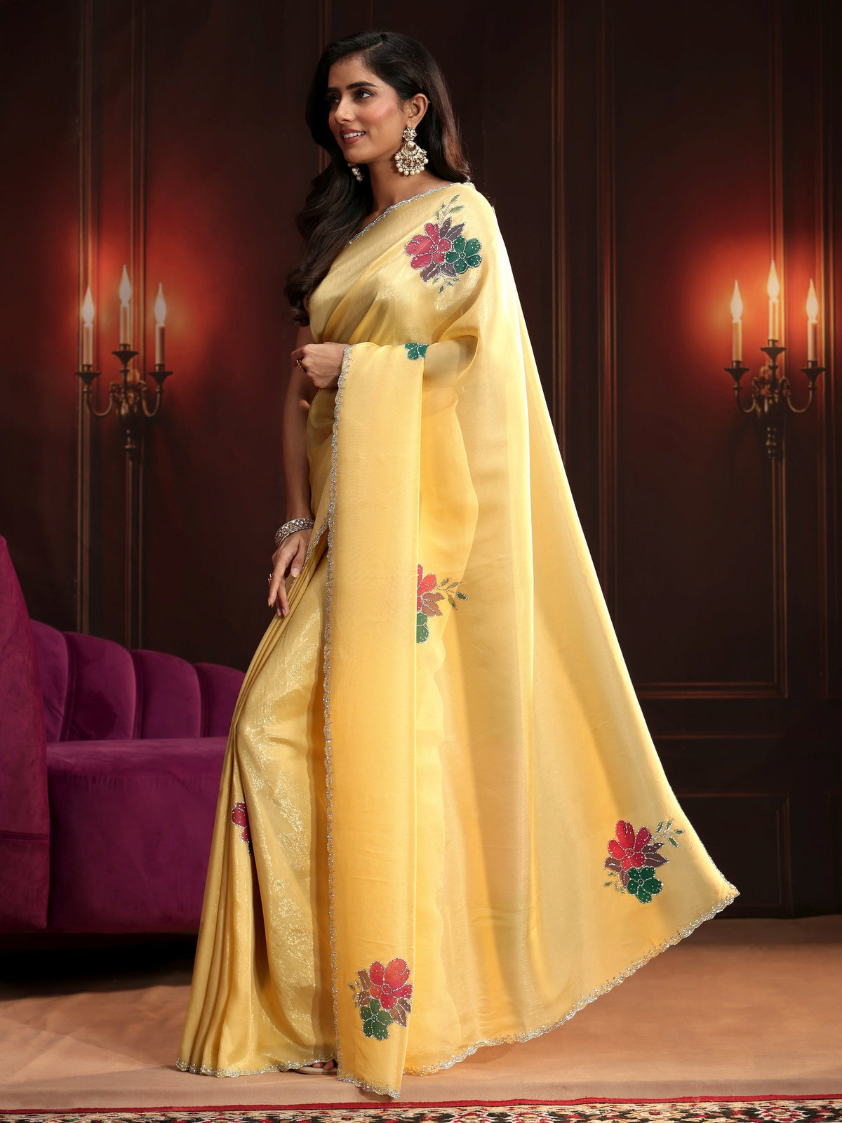 Anouk Butter Yellow Floral Embellished Tissue Saree