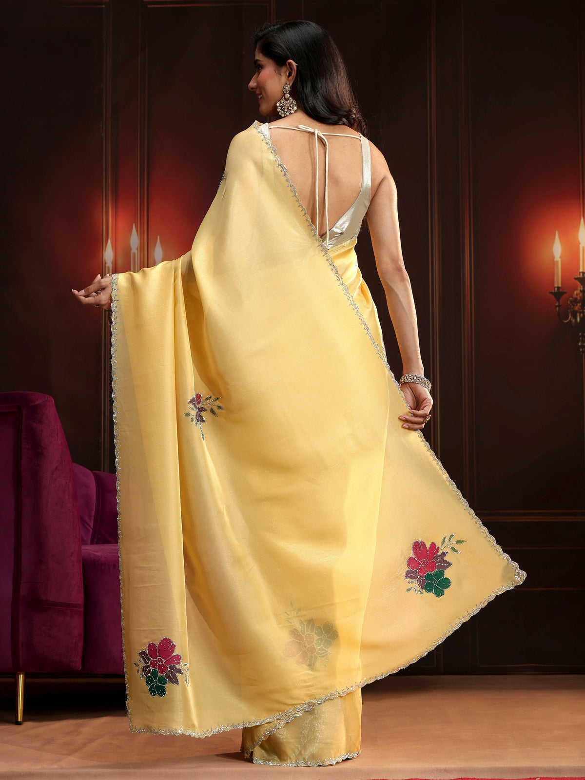 Anouk Butter Yellow Floral Embellished Tissue Saree