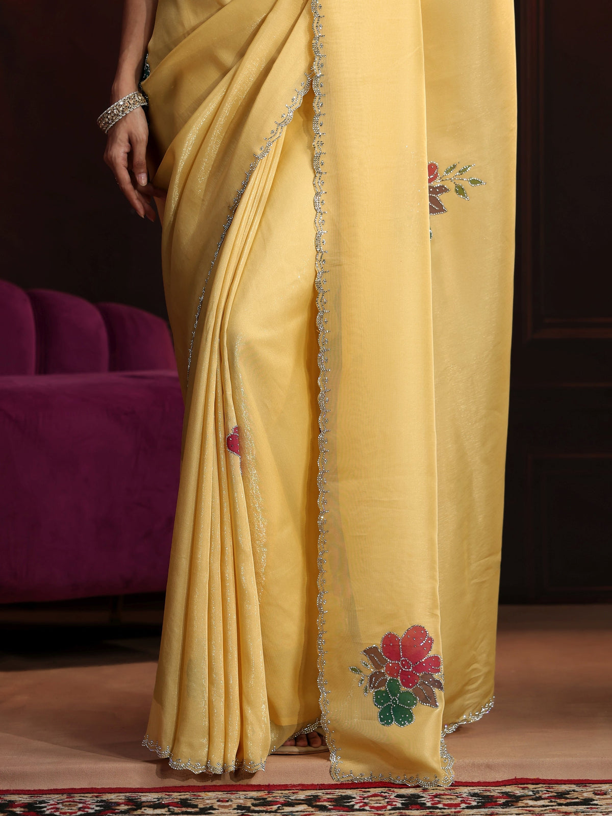 Anouk Butter Yellow Floral Embellished Tissue Saree