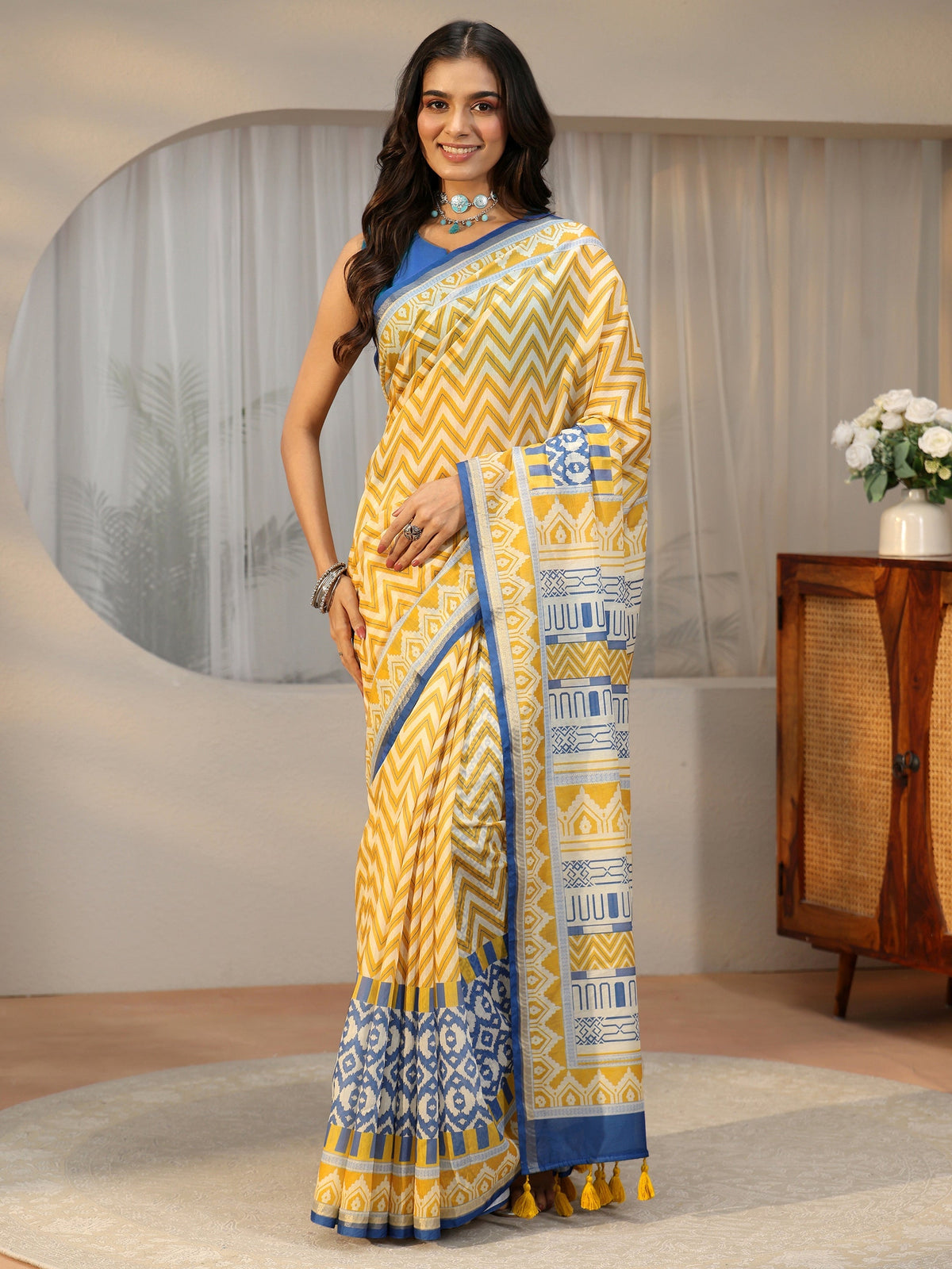 Anouk Multi Colour Chevron Printed Cotton Blend Saree