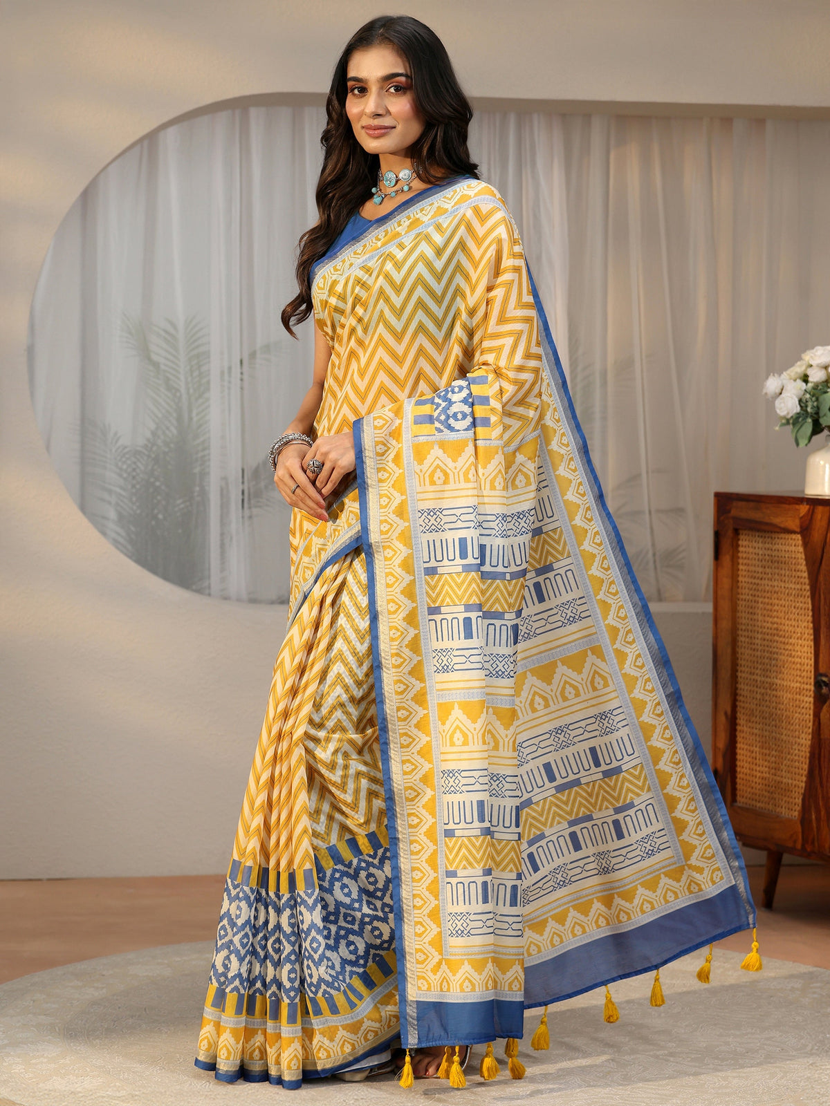 Anouk Multi Colour Chevron Printed Cotton Blend Saree