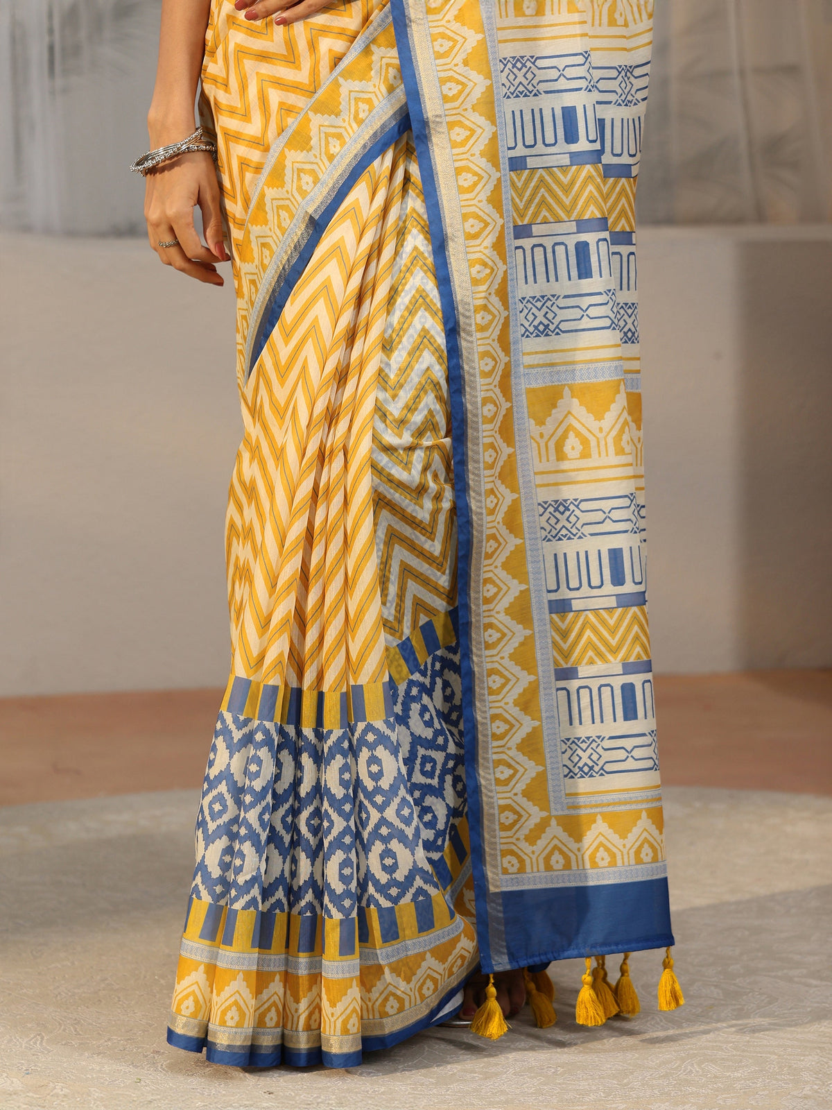 Anouk Multi Colour Chevron Printed Cotton Blend Saree