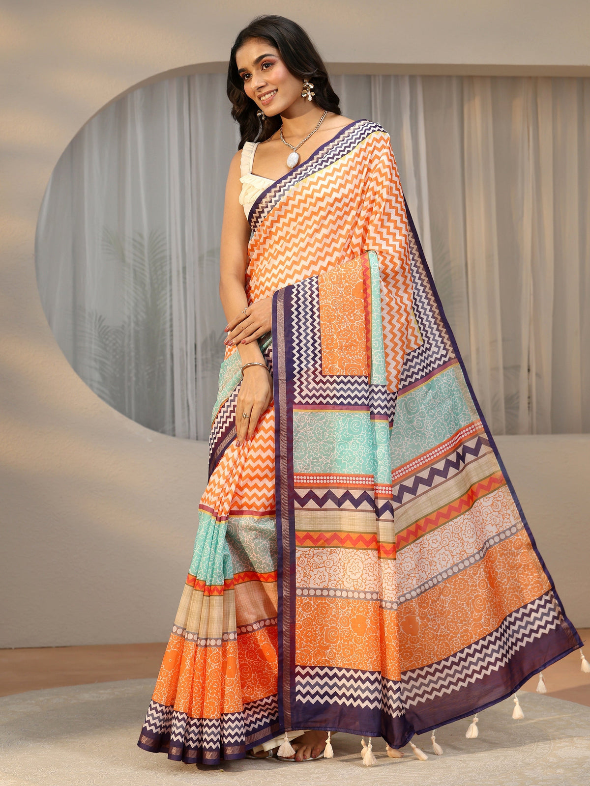 Anouk Multi Colour Chevron Printed Cotton Blend Saree